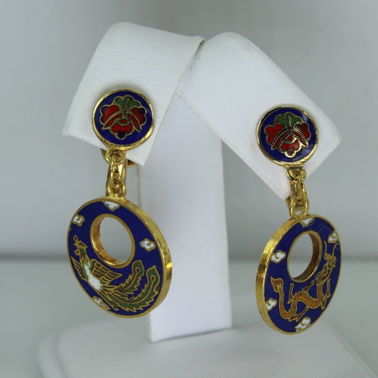 Vintage Cloisonne Set Intricate Design Dragon Phoenix Necklace Earrings Fantastic Colors red blue