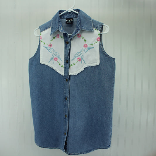 Three Rivers Denim Sleeveless Shirt Vest Enhanced Patzi Design Bluebirds Heart