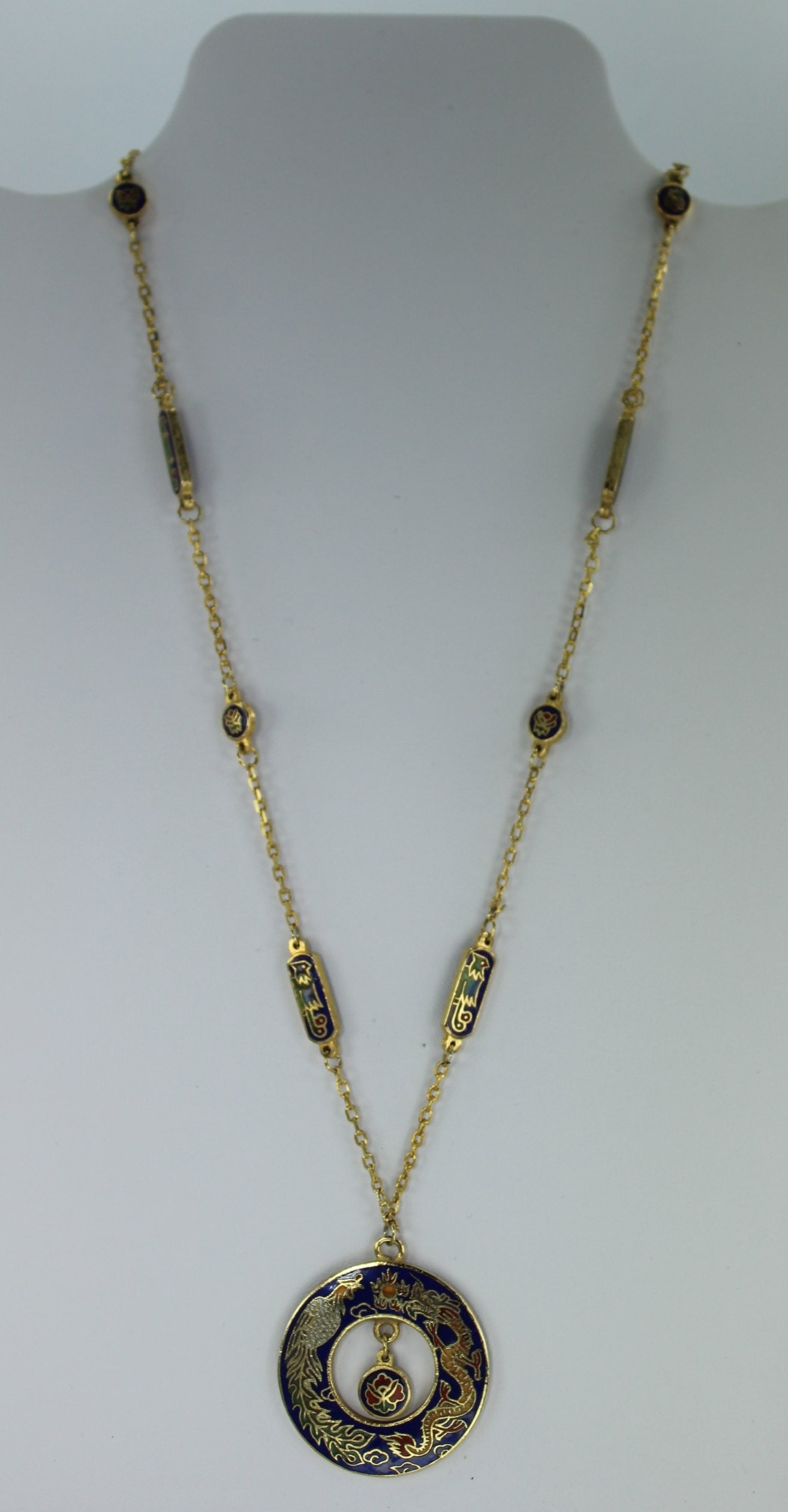 Vintage Cloisonne Set Intricate Design Dragon Phoenix Necklace Earrings Fantastic Colors screw