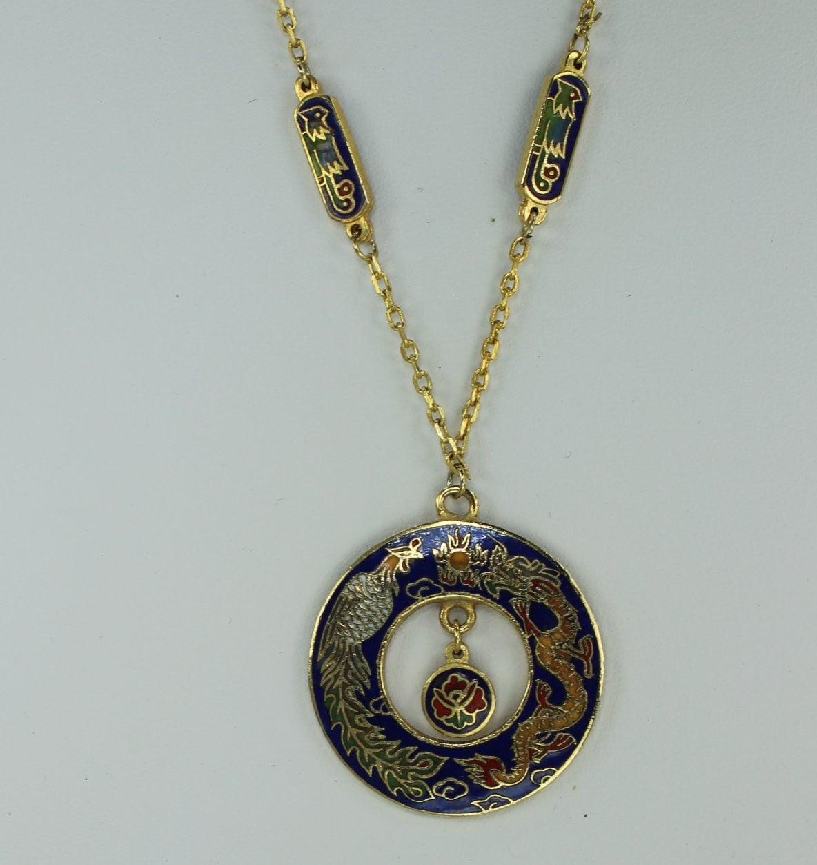 Vintage Cloisonne Set Intricate Design Dragon Phoenix Necklace Earrings Fantastic Colors pendant