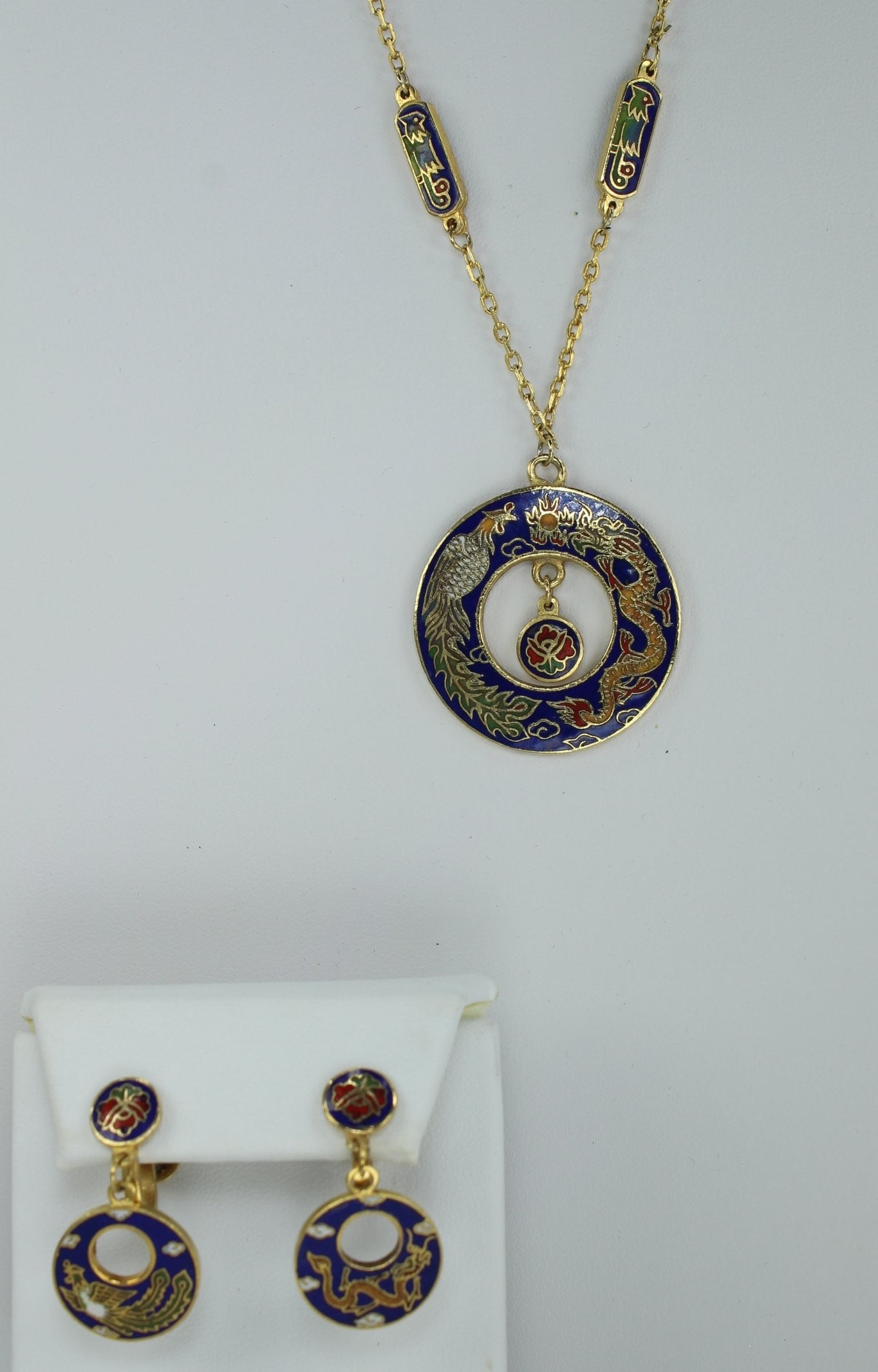 Vintage Cloisonne Set Intricate Design Dragon Phoenix Necklace Earrings Fantastic Colors gold