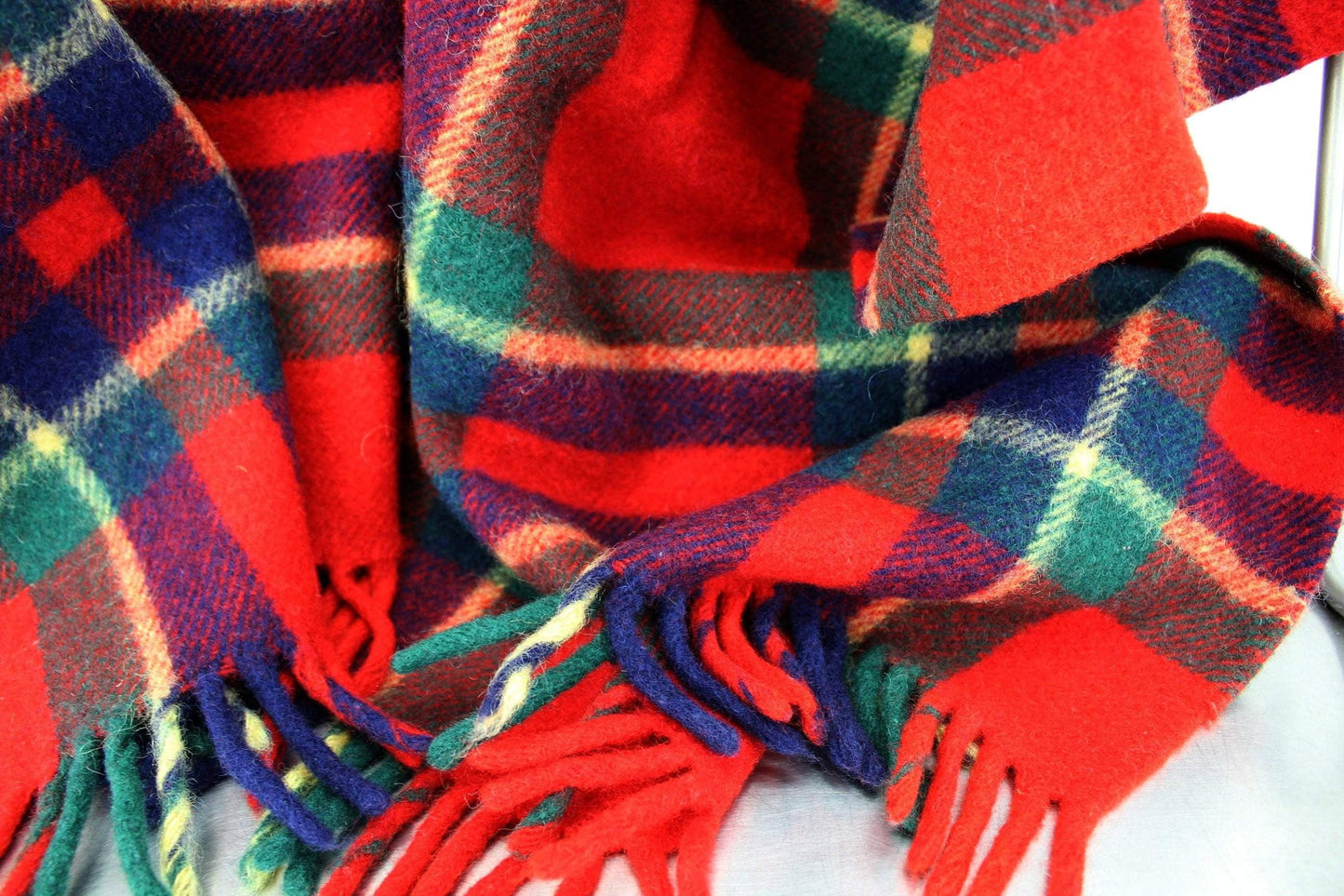Troy Robe USA Wool Throw - Leisure Blanket Red Plaid Green Blue vibrant colors good condition
