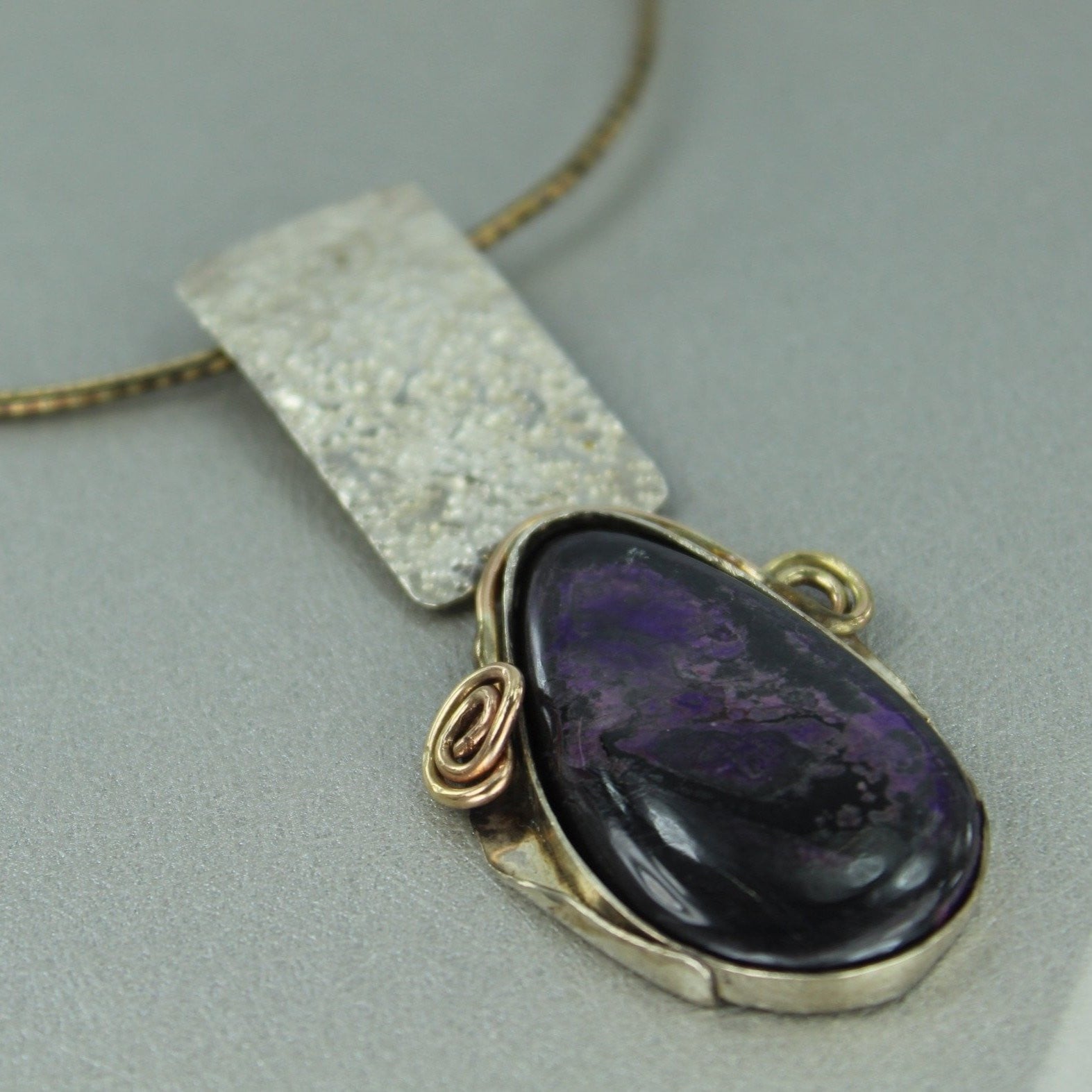 Hand Crafted Necklace Large Mix Metal Purple Stone Pendant Technibond Chain Isadora