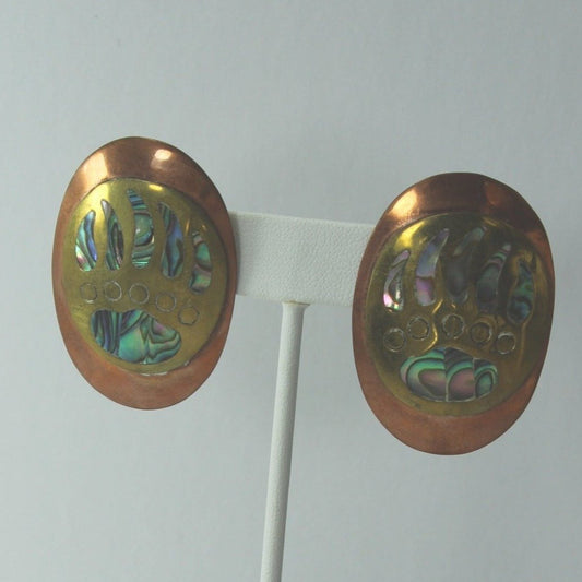 Copper Abalone Earrings Large Post Bear Paw Multi Metal Mexico brass