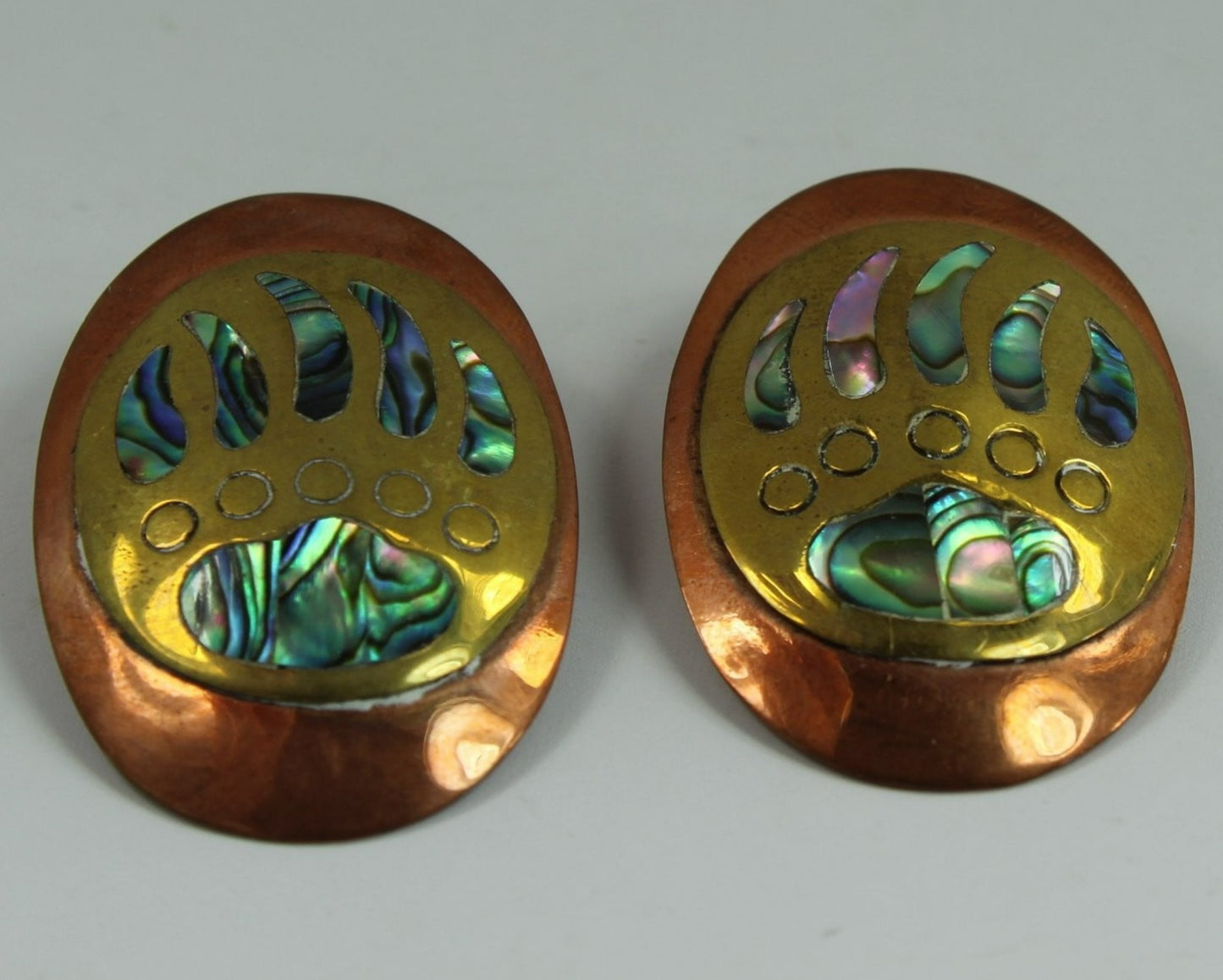 Copper Abalone Earrings Large Post Bear Paw Multi Metal Mexico rare