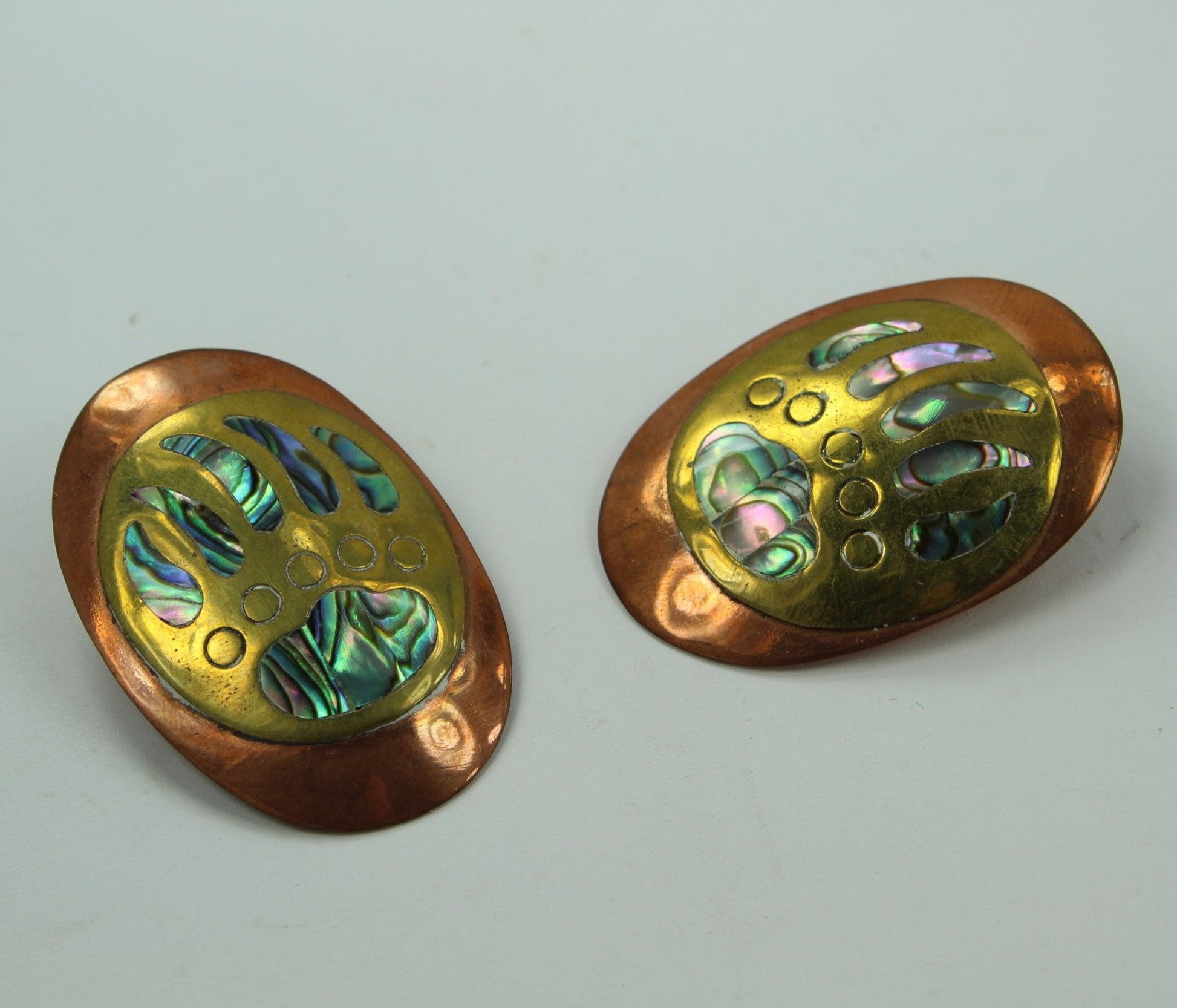 Copper Abalone Earrings Large Post Bear Paw Multi Metal Mexico