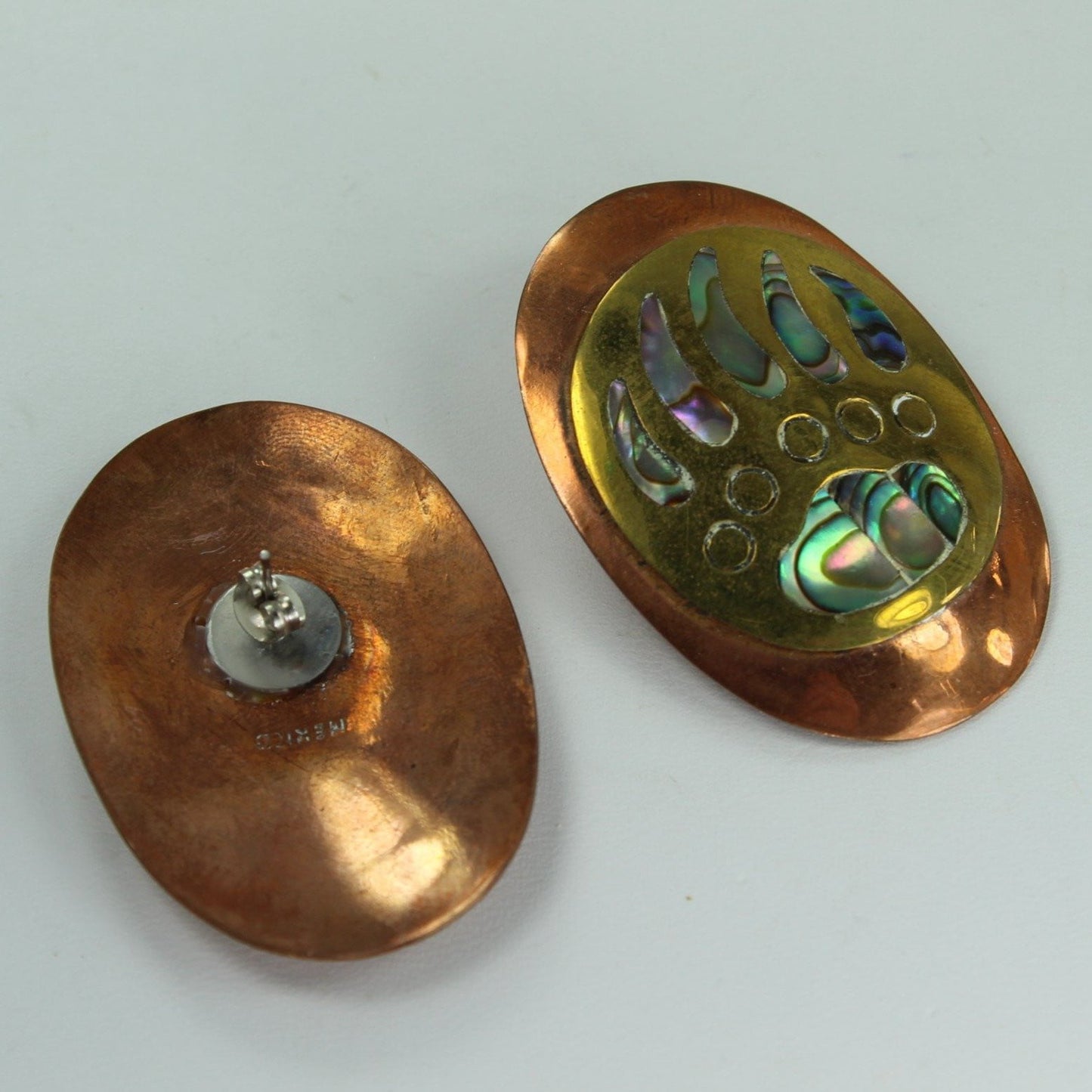 Copper Abalone Earrings Large Post Bear Paw Multi Metal Mexico Oval