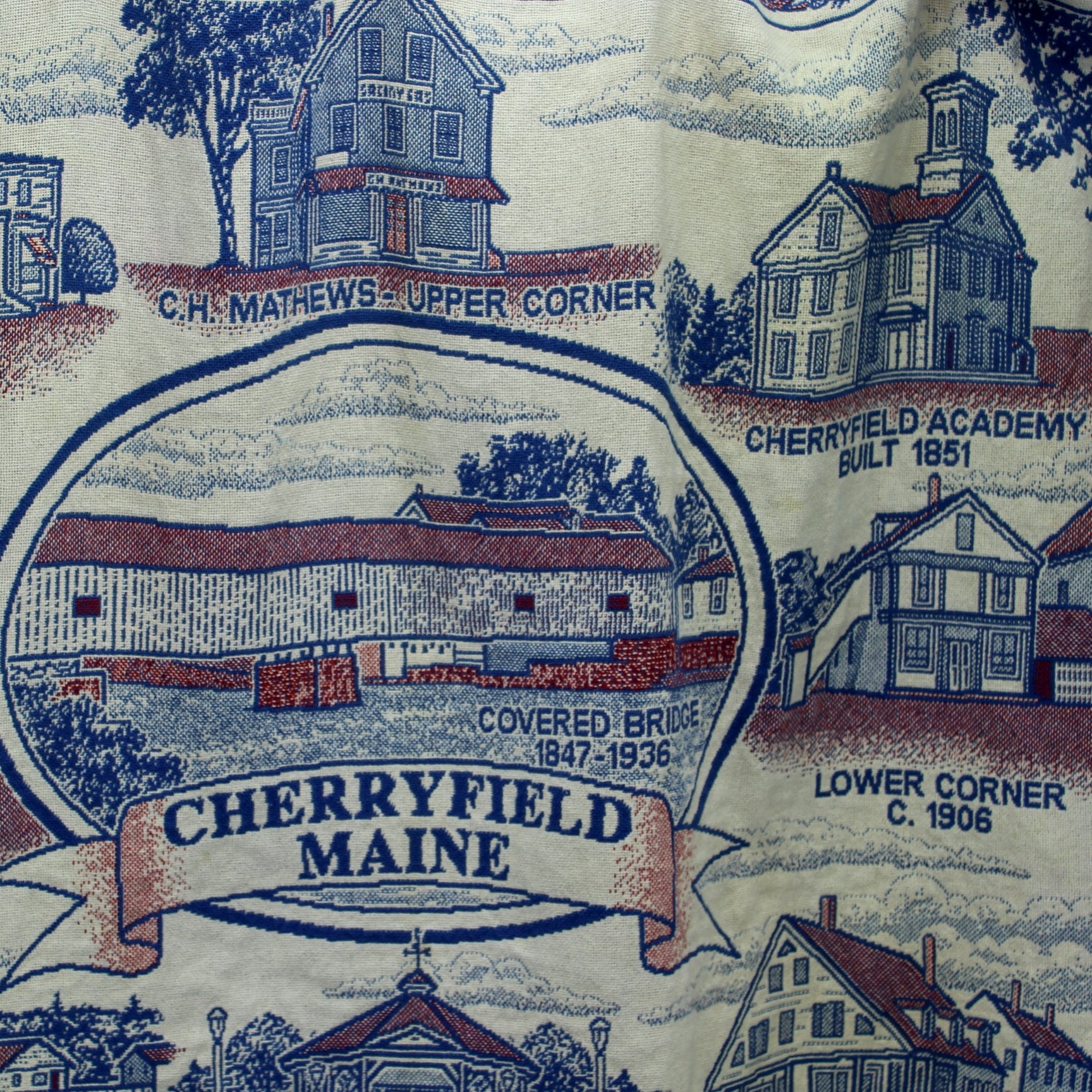 Cherryfield Maine Cotton Throw Blanket Historical Train Station Academy Mill covered bridge