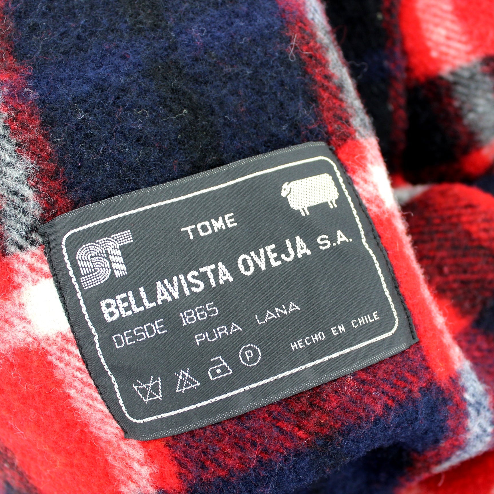 Bellavista Oveja Wool Throw Blanket Red White Blue Black Plaid 56" X 65" 2 Available maker tag for wool throw