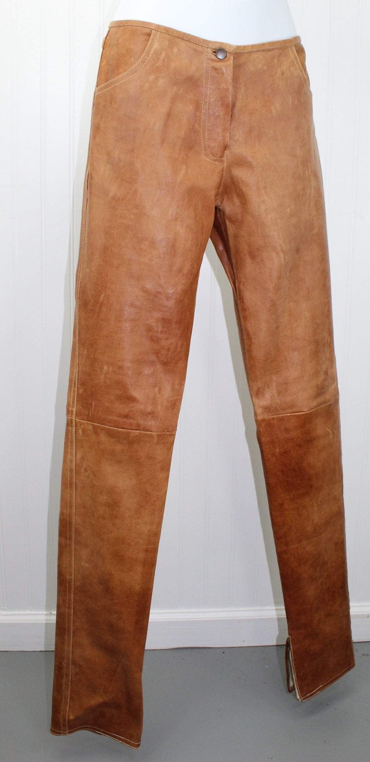 Jitrois France Womens Caramel Leather Pants - Slim Leg Lambskin Size 40 Dbl Stitch - 32" Waist zipper ankle hem