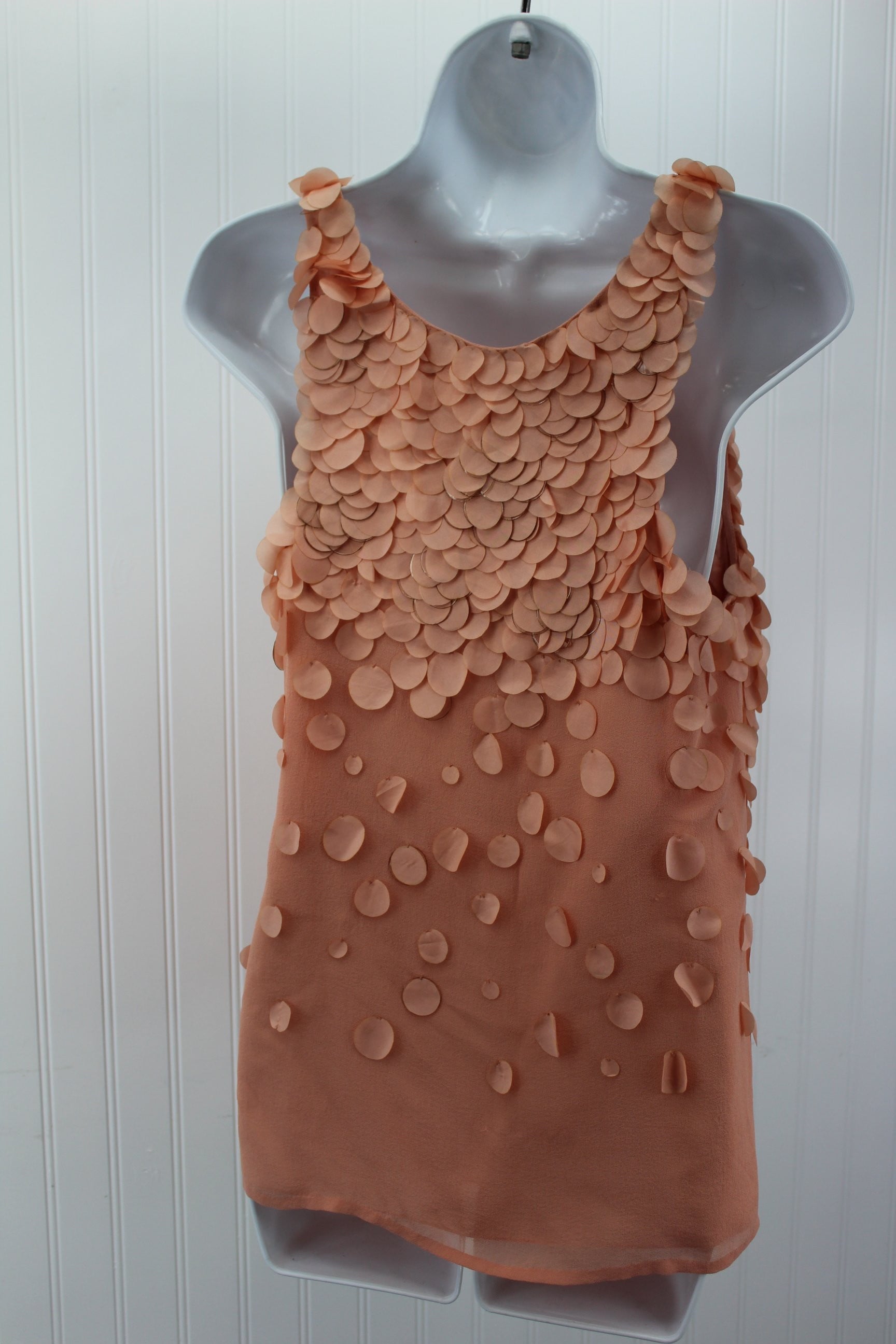 Renzo + Kai Top Silk Pale Tangerine Fabric Fishscale Trim Fully Lined lots of fishscales of same fabric