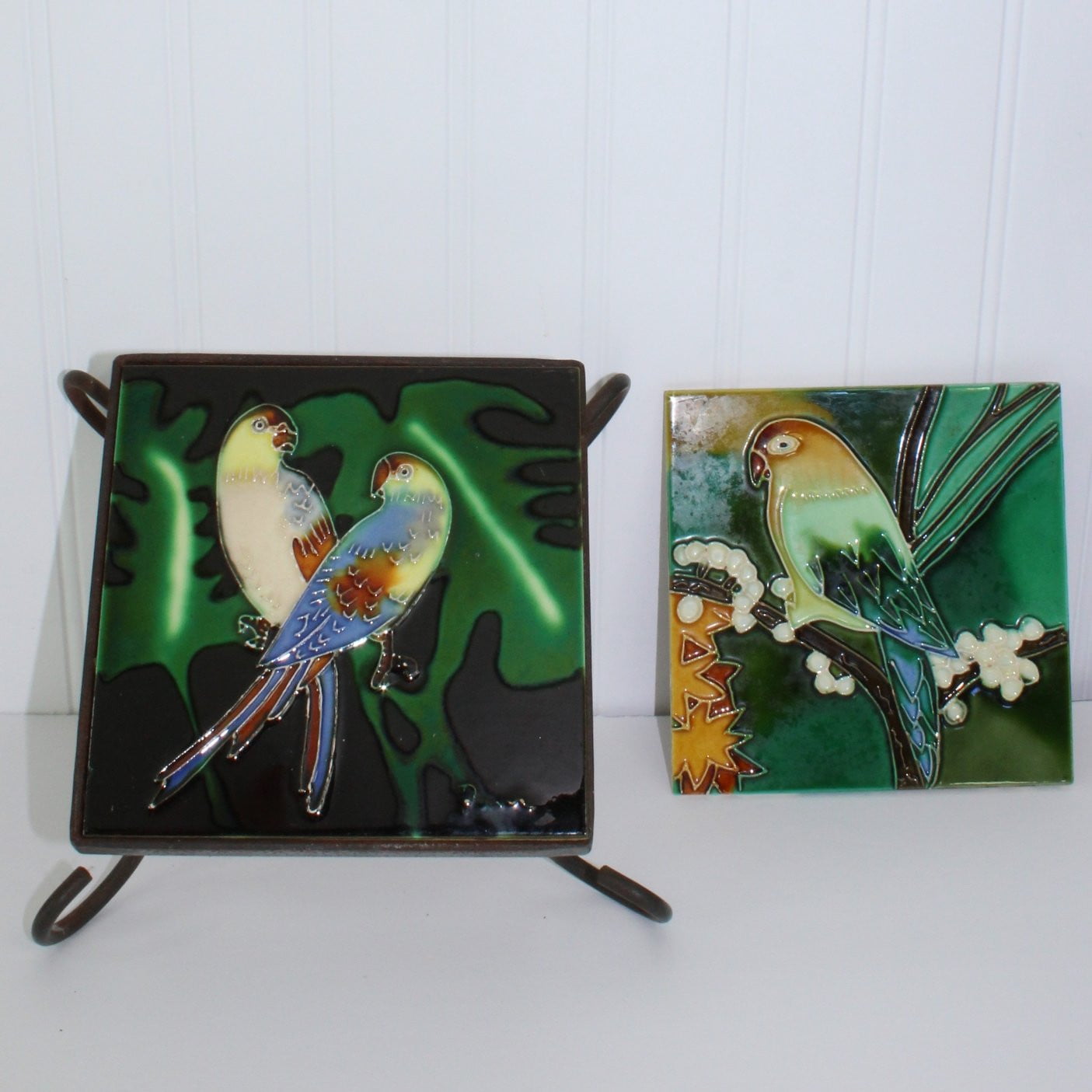 Pair Ceramic Tiles Tropical  Birds Iron Trivet and Single Tile - Colorful Bright