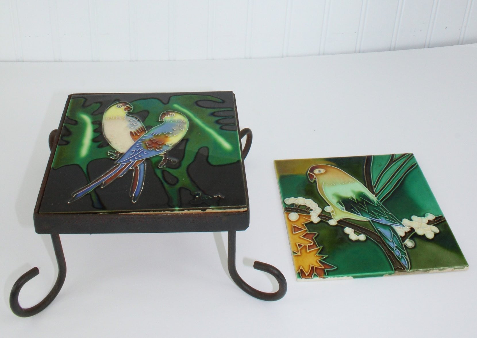 Pair Ceramic Tiles Tropical  Birds Iron Trivet and Single Tile - Colorful Bright dimensional birds