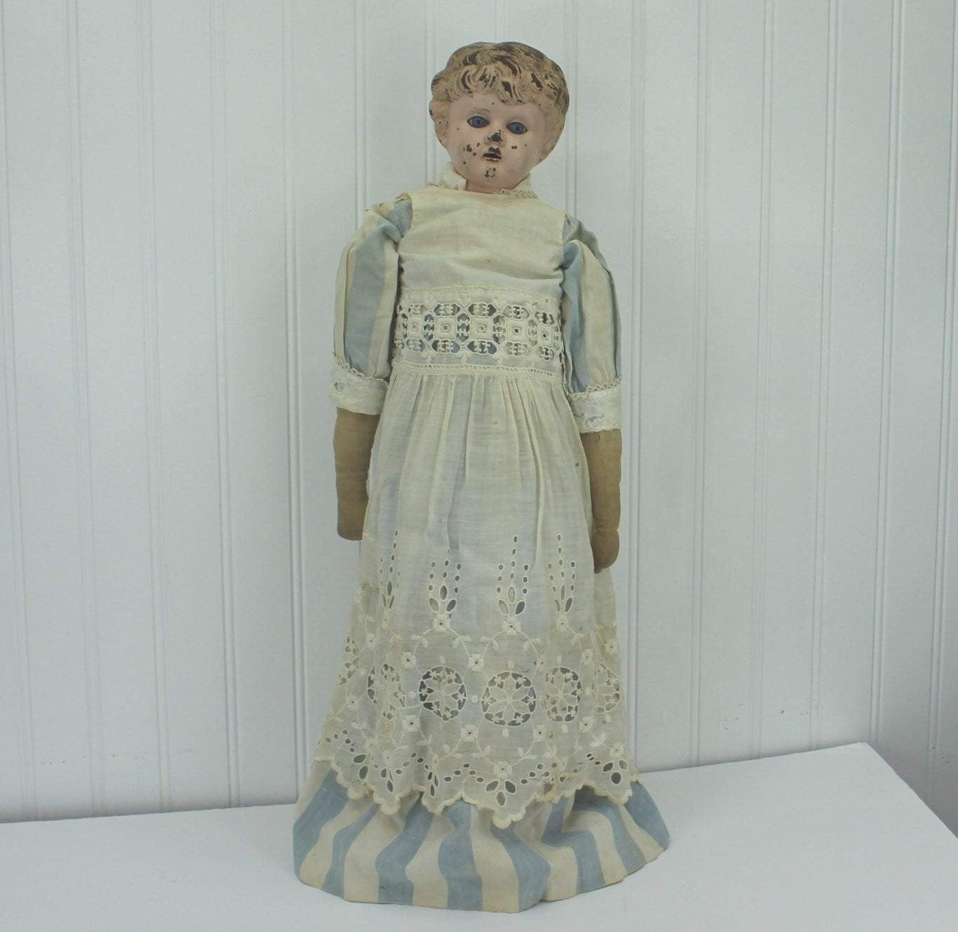 Antique Minerva Tin 21" Doll Germany Beautiful Face Glass Blue Eyes Cloth Body
