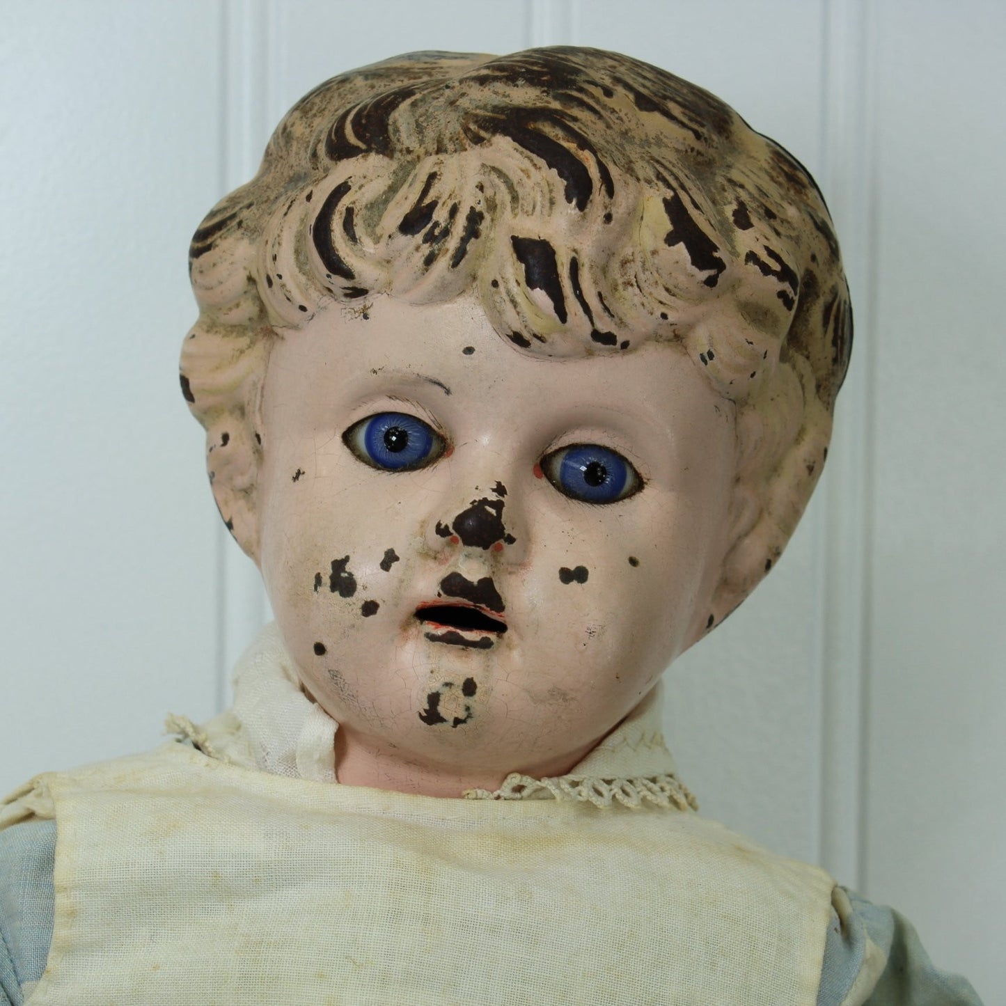 Antique Minerva Tin 21" Doll Germany Beautiful Face Glass Blue Eyes Cloth Body found packed in estate