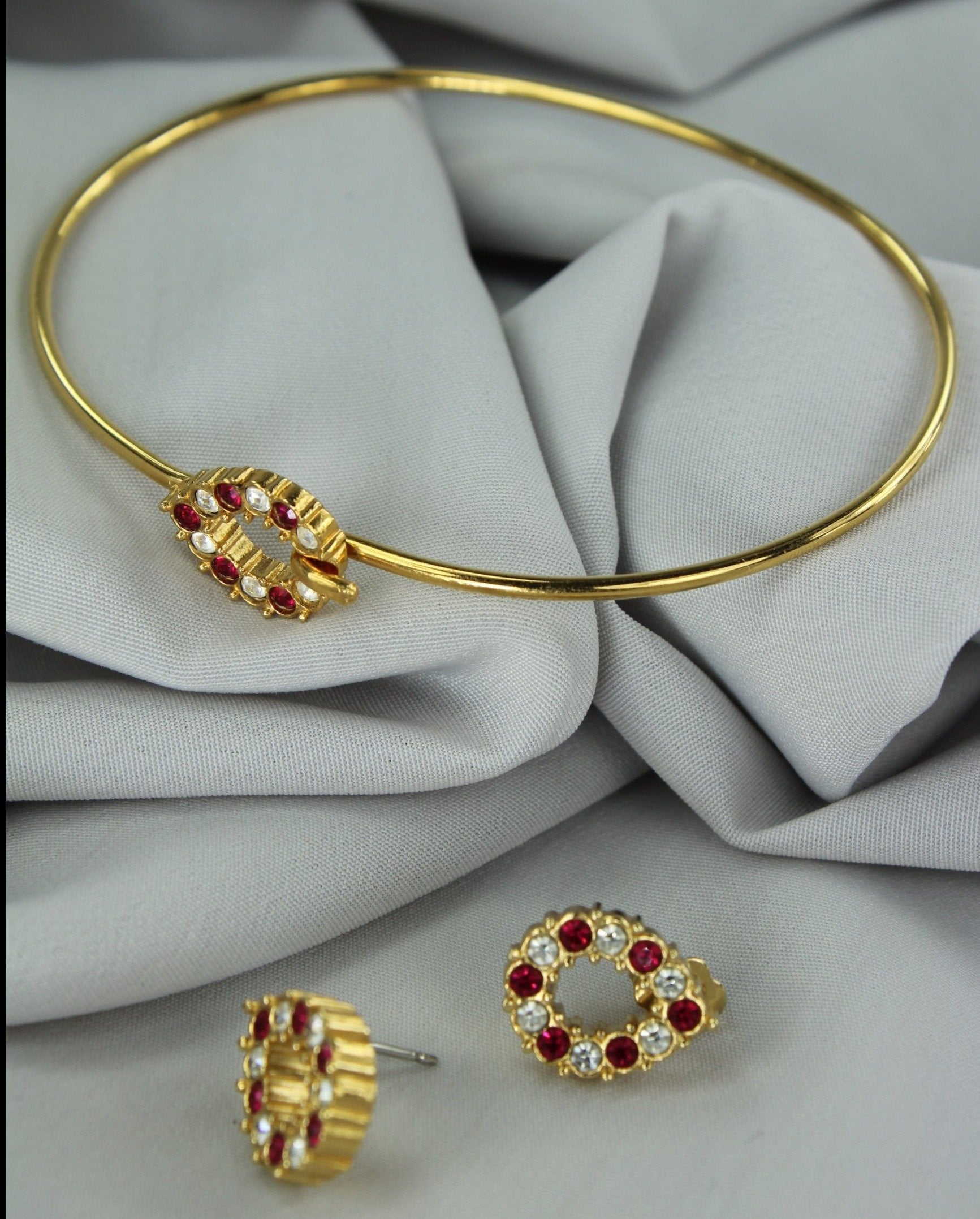 Red Crystal Bracelet Matching Earrings Wire Bangle Post Earrings 