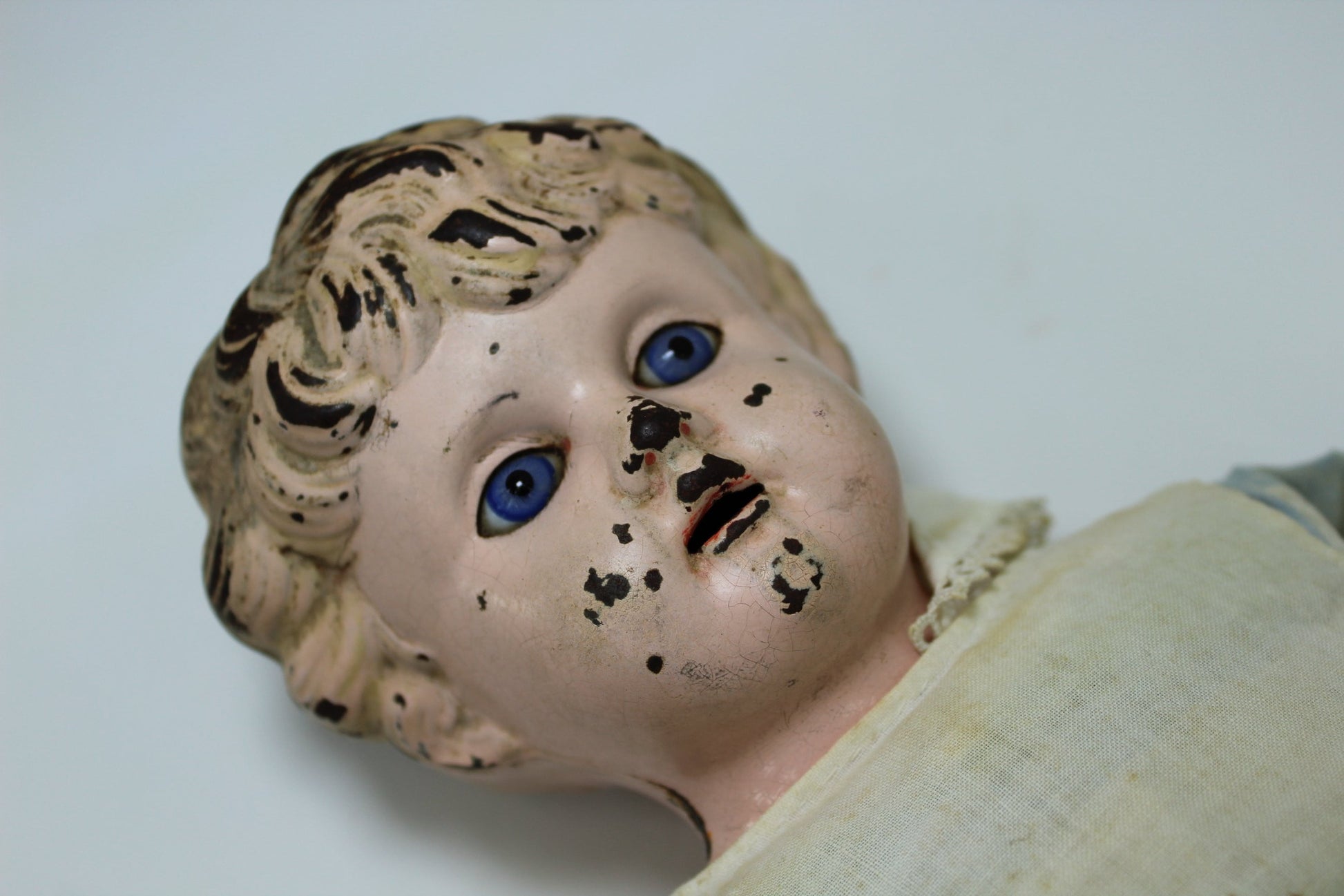 Antique Minerva Tin 21" Doll Germany Beautiful Face Glass Blue Eyes Cloth Bodyrestoration doll