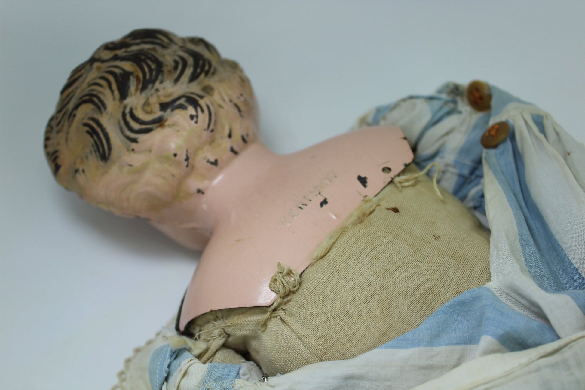 Antique Minerva Tin 21" Doll Germany Beautiful Face Glass Blue Eyes Cloth Body antique doll
