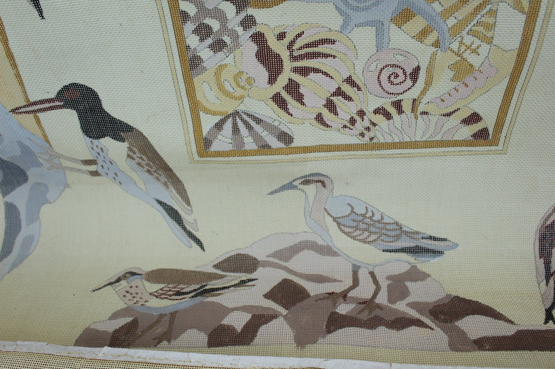 Hand Painted Signed Zuber 1979 Rug Canvas Needlepoint Coastal Sandpipers Shells 40" X 48" beach scene rug