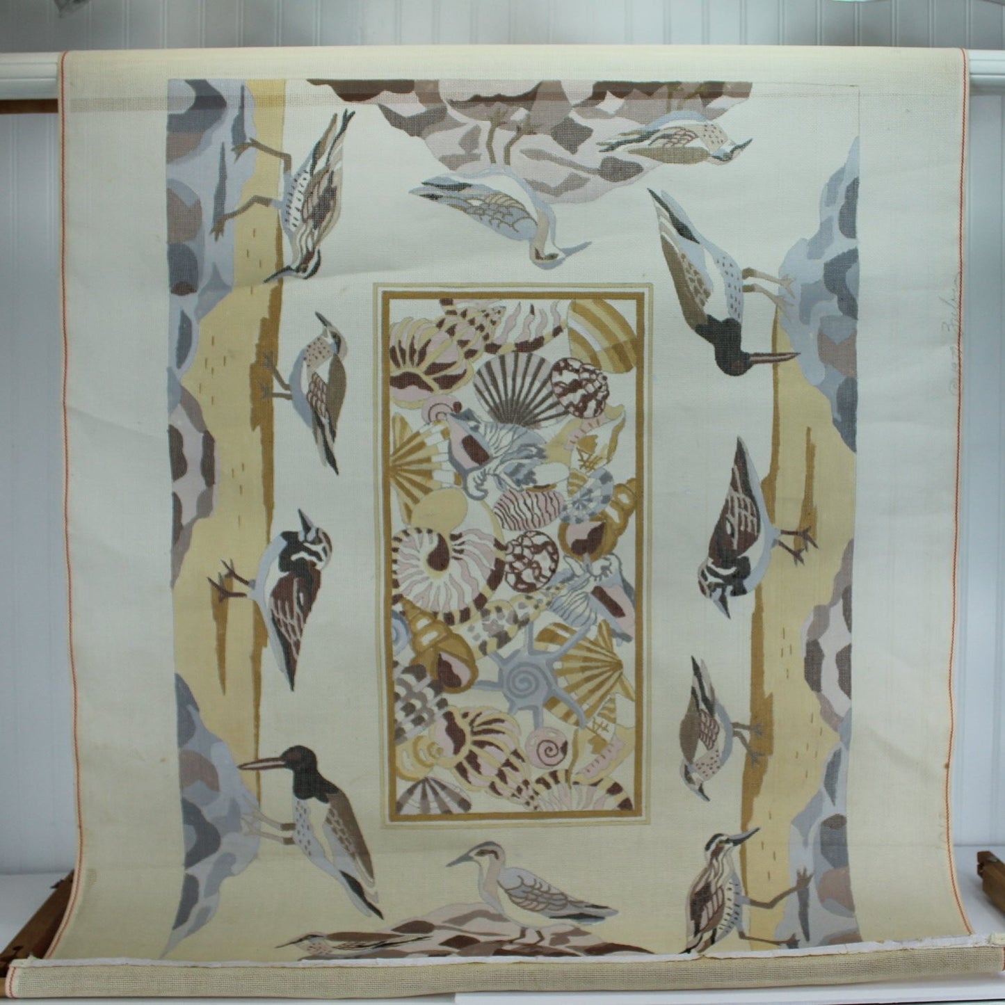 Hand Painted Signed Zuber 1979 Rug Canvas Needlepoint Coastal Sandpipers Shells 40" X 48" Zuber Paris NYC