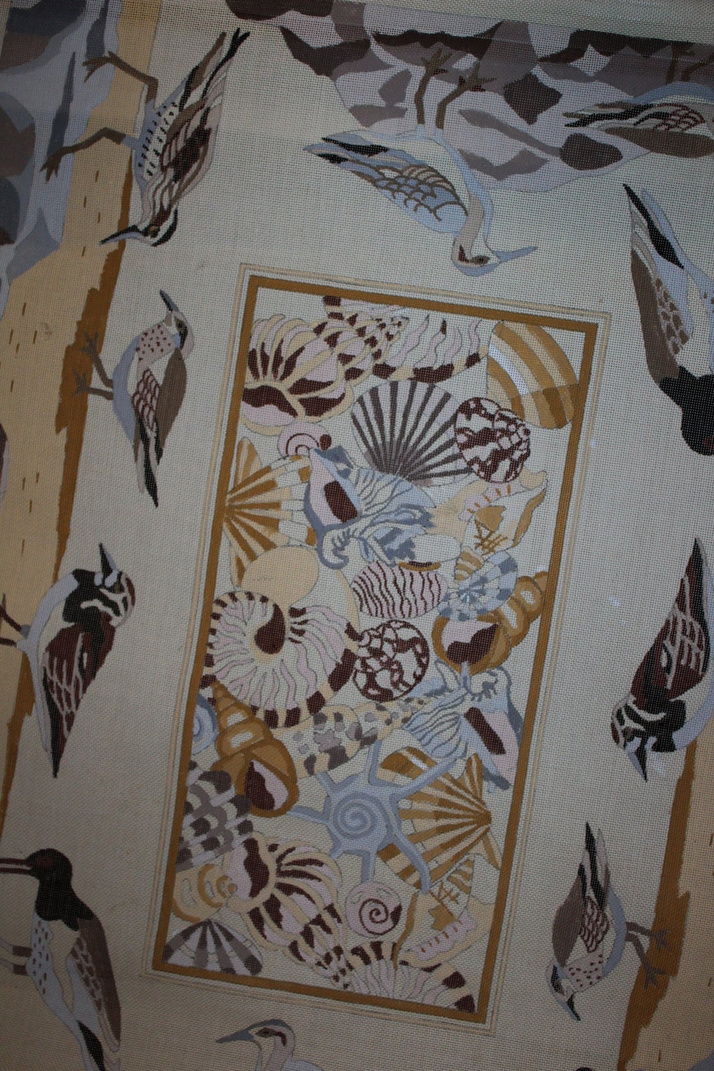 Hand Painted Signed Zuber 1979 Rug Canvas Needlepoint Coastal Sandpipers Shells 40" X 48" subtle serene colors