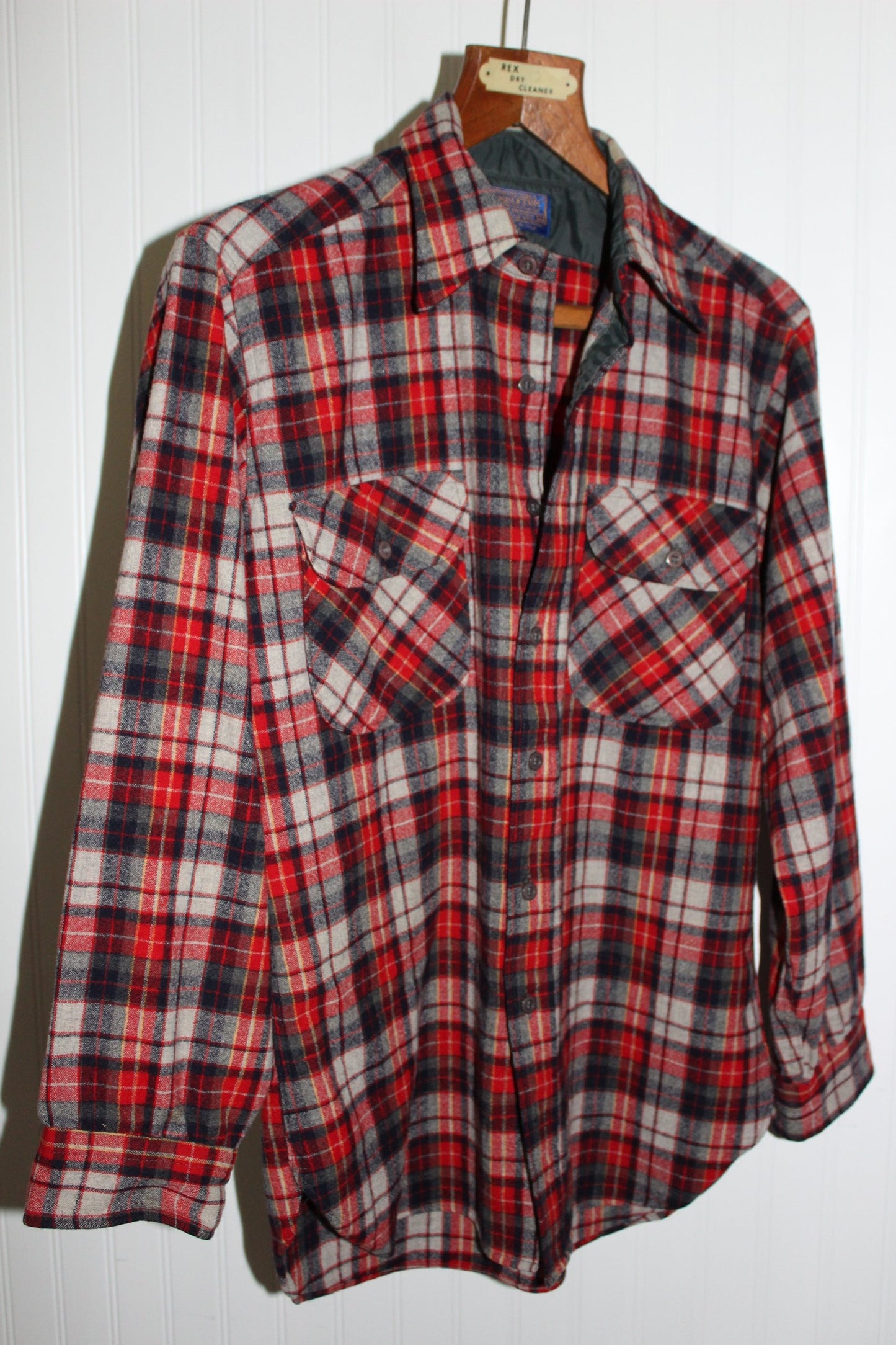 Pendleton Wool Shirt Wash Dry Vintage Old Wool Mark Red Grey Plaid rounded hem