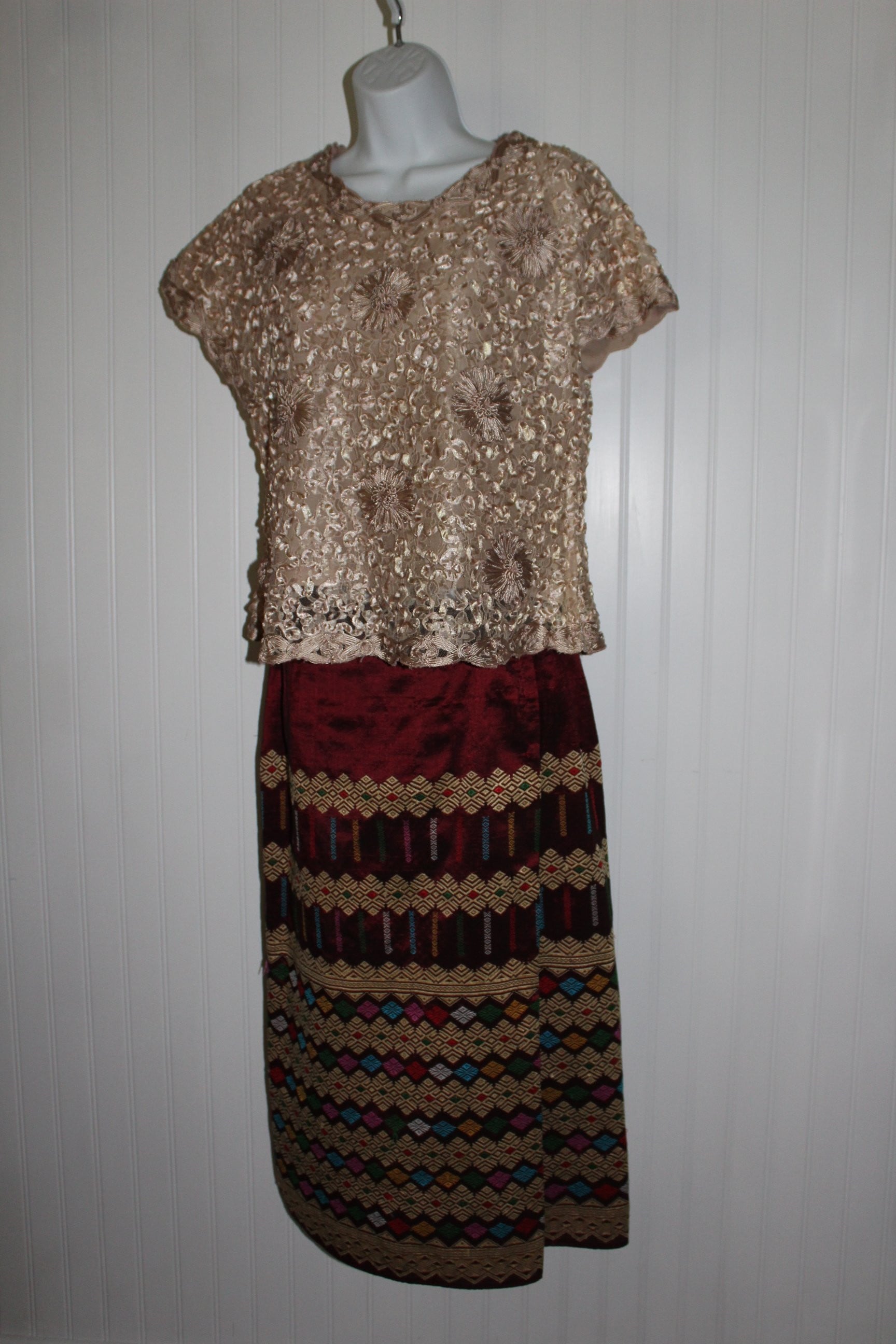 Thailand 2 Piece Wrap Skirt Woven Gold Thread Ribbon Embroidered Top Authenticate Custom Made