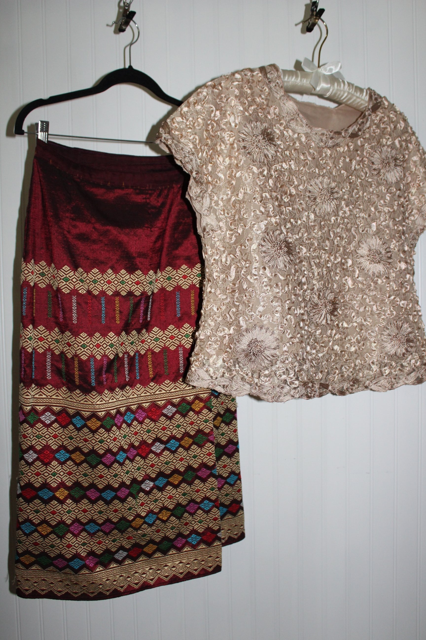 Thailand 2 Piece Wrap Skirt Woven Gold Thread Ribbon Embroidered Top Authenticate Custom Made party dress