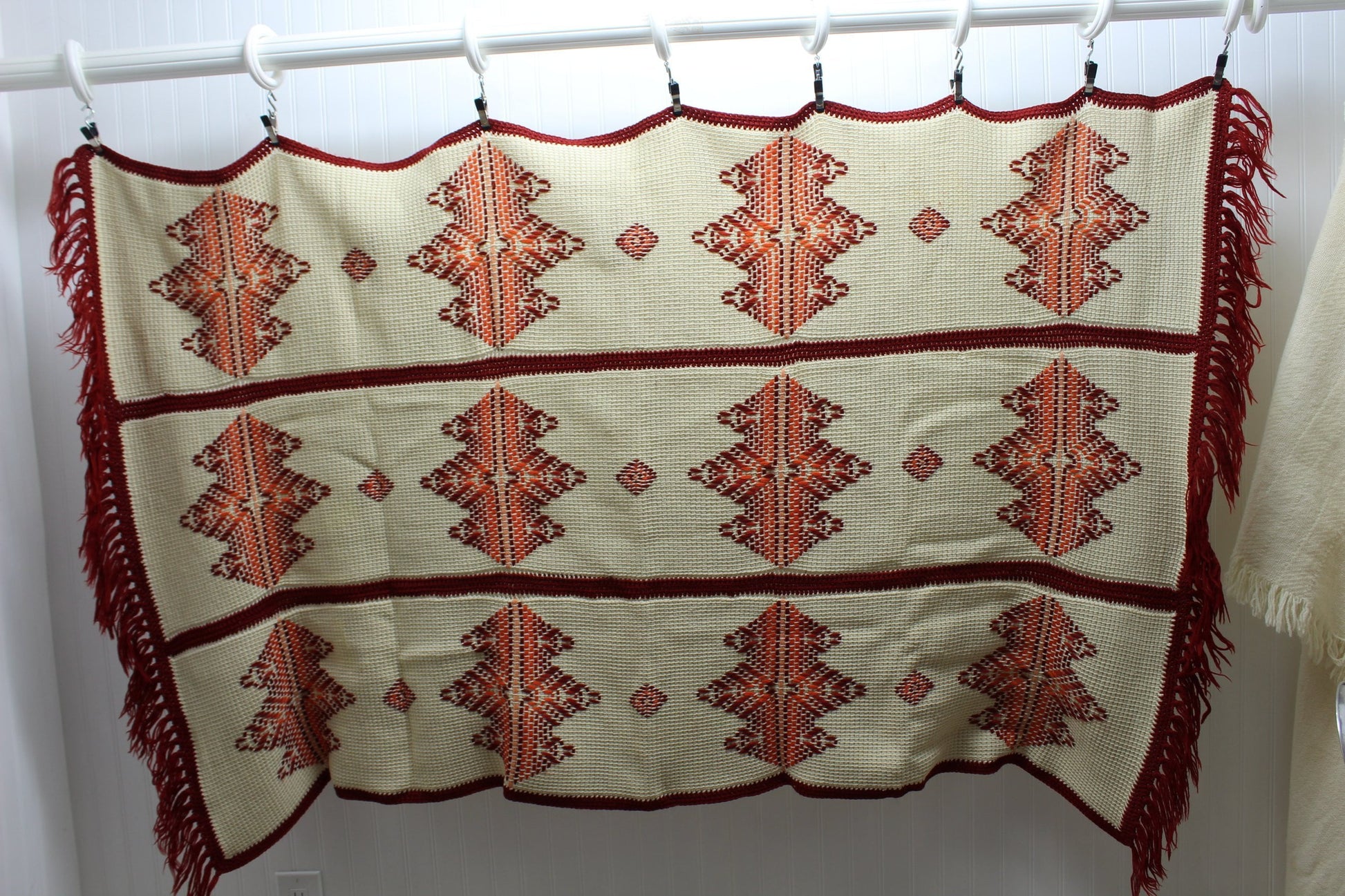 Hand Made Afghan Wool Throw Cream Rust Orange 40" X 70" Large Knotted Fringe fantastic