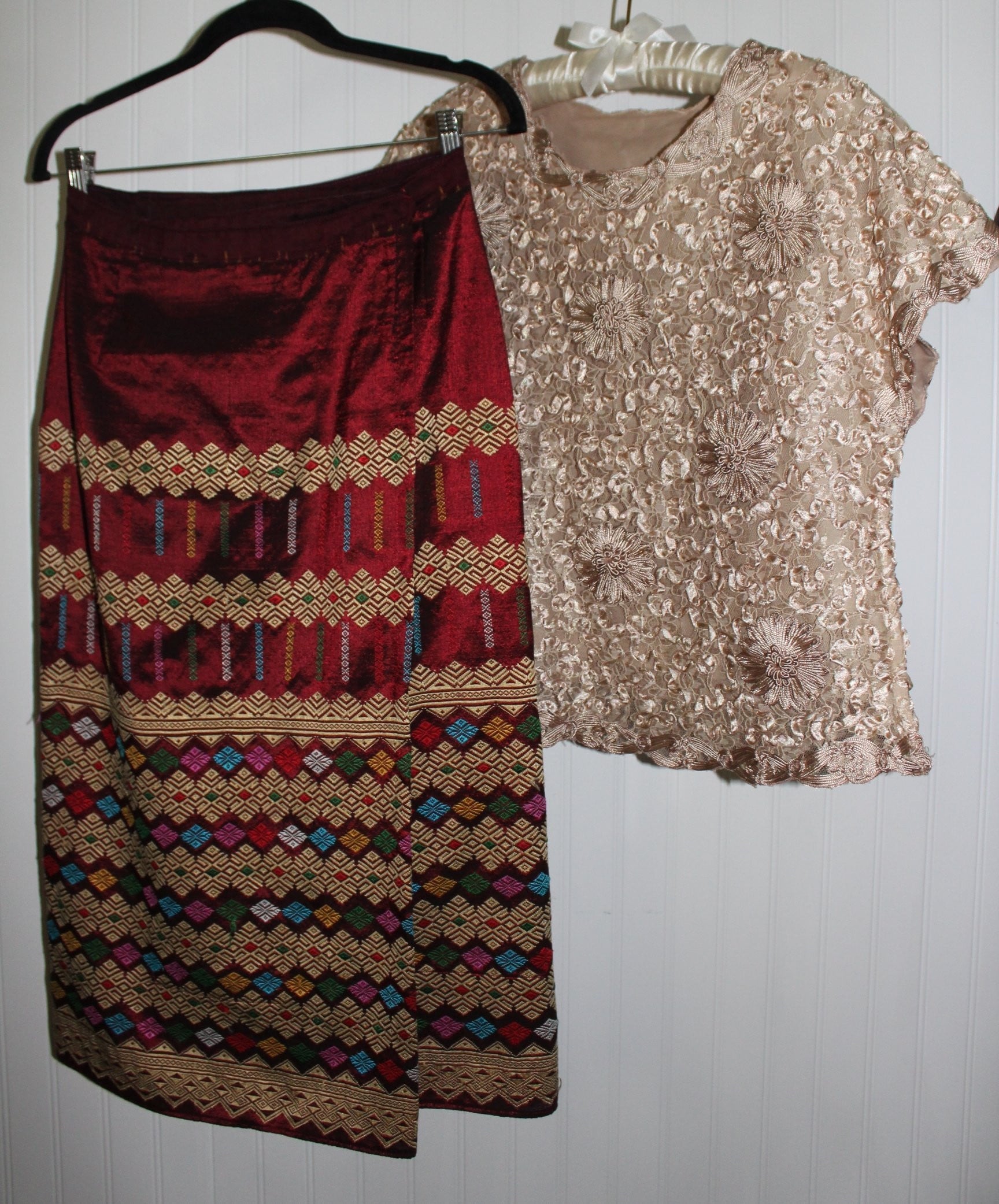 Thailand 2 Piece Wrap Skirt Woven Gold Thread Ribbon Embroidered Top Authenticate Custom Made rare