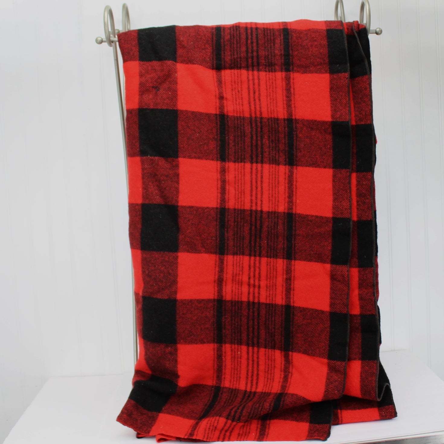 Double Length Wool Blanket Cabin Camp Red Black Check 67" X 154" pattern with checks and lines