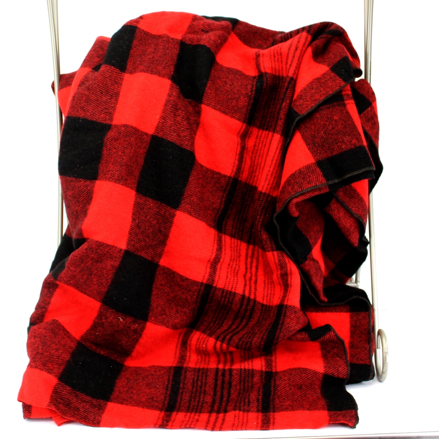 Double Length Wool Blanket Cabin Camp Red Black Check 67" X 154" soft flexible wool fabric