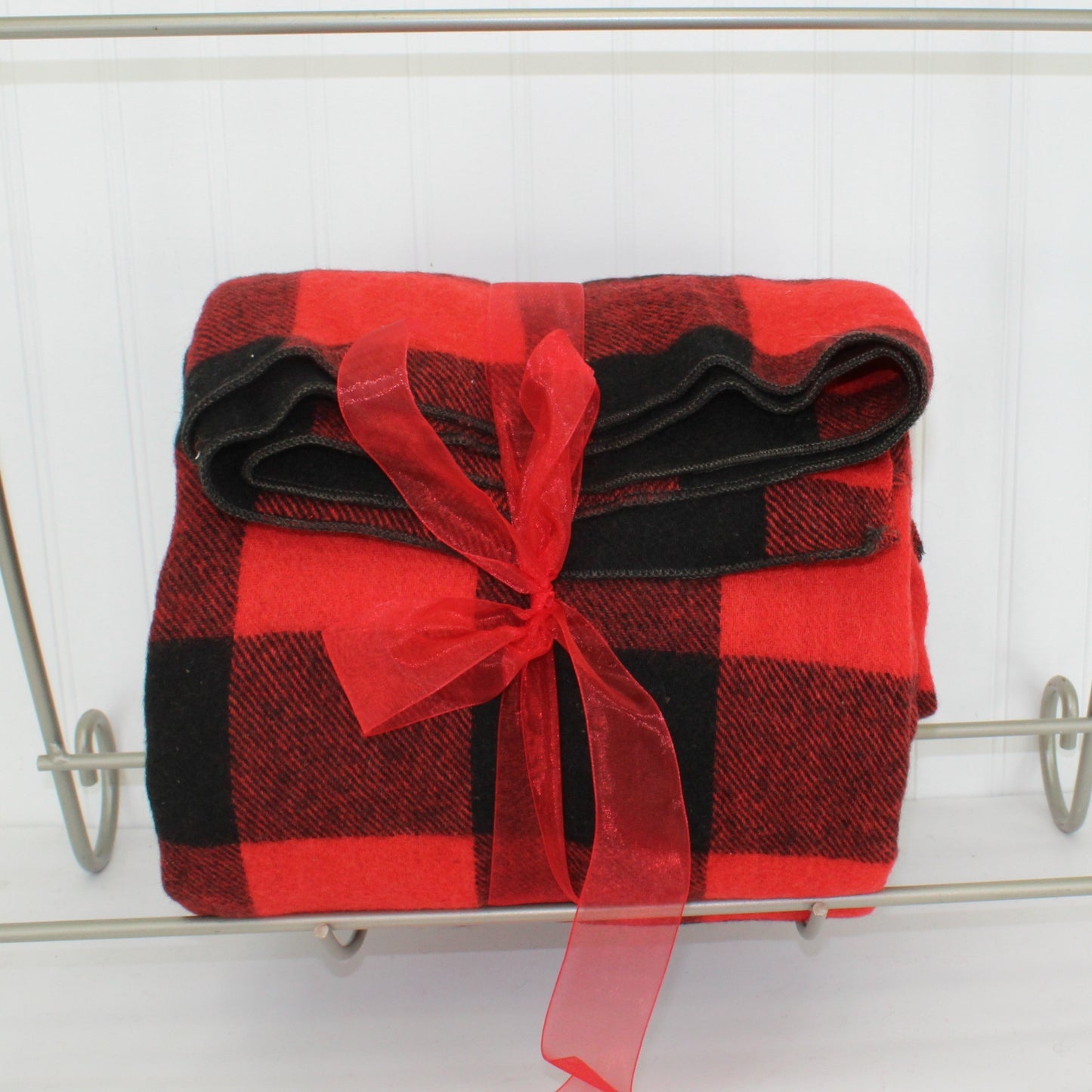 Double Length Wool Blanket Cabin Camp Red Black Check 67" X 154"