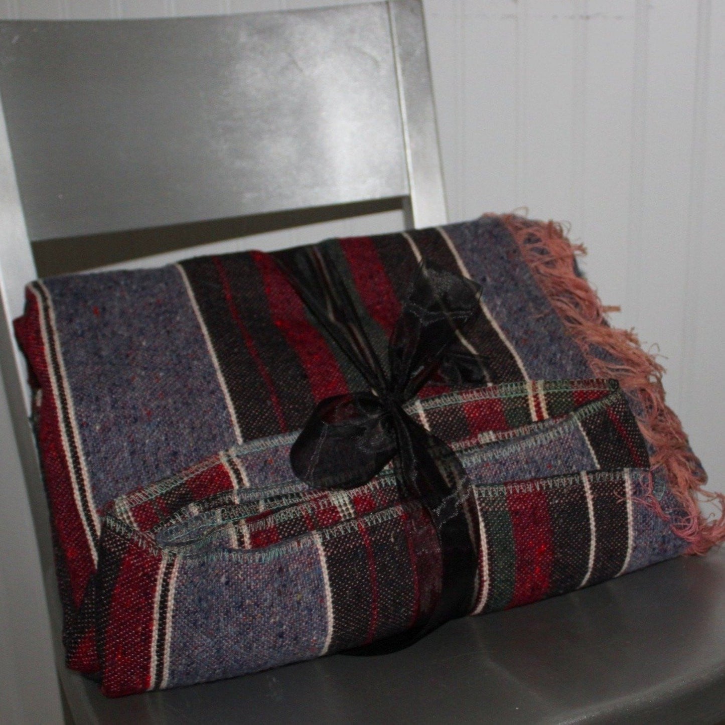 Fringed Blanket Travel Rug Loomed Dense Blues Purples Stripe 80" X 58" Decor OOAK
