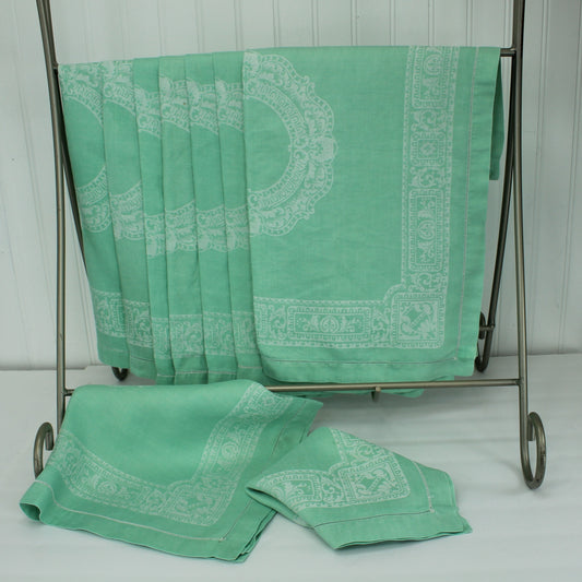 Lot 9 Large Dinner Napkins - 22" Square Green Woven Design Urn Medallion Reuse Repurpose