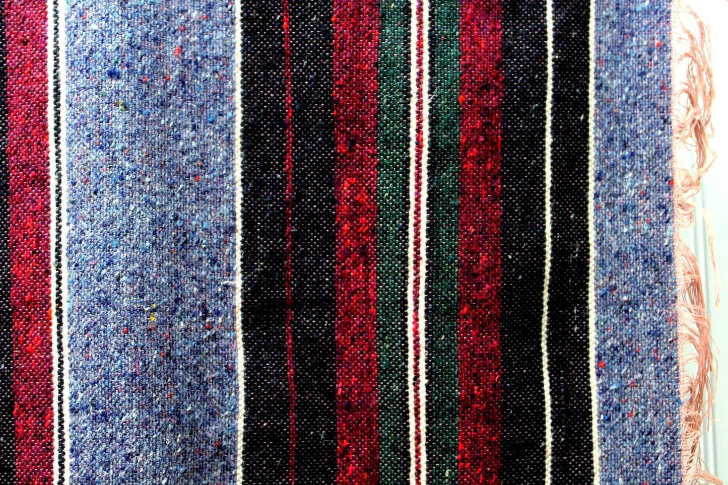 Fringed Blanket Travel Rug Loomed Dense Blues Purples Stripe 80" X 58" Decor OOAK decorator item