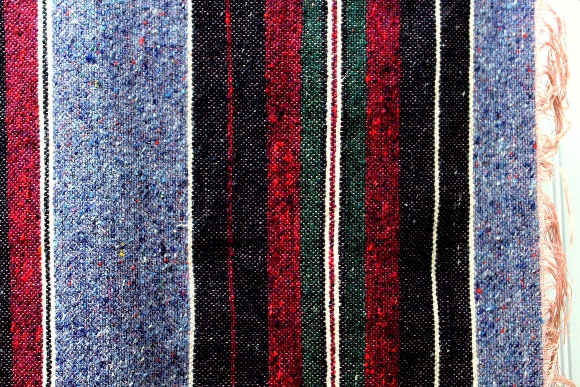 Fringed Blanket Travel Rug Loomed Dense Blues Purples Stripe 80" X 58" Decor OOAK decorator item