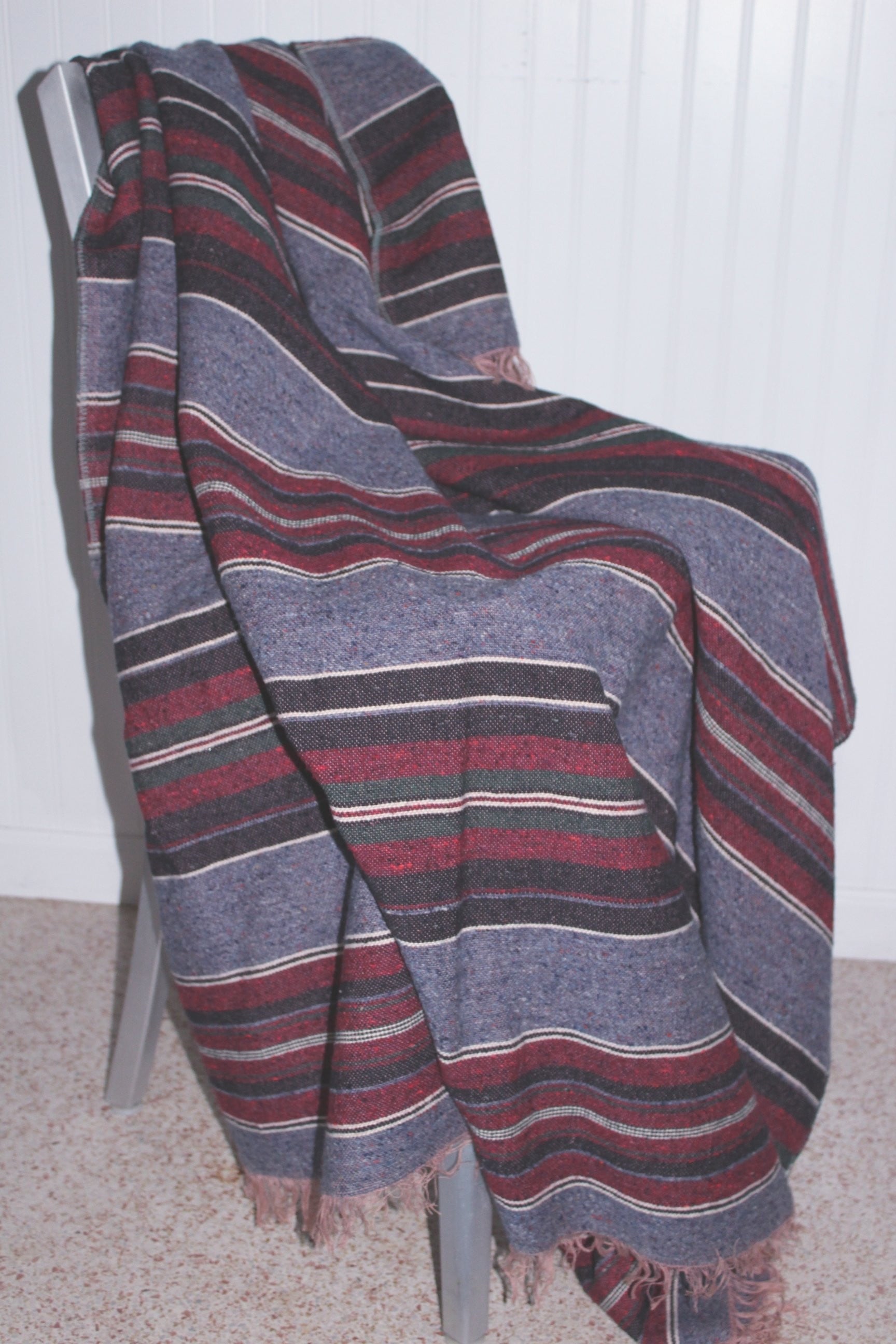 Fringed Blanket Travel Rug Loomed Dense Blues Purples Stripe 80" X 58" Decor OOAK bed cover