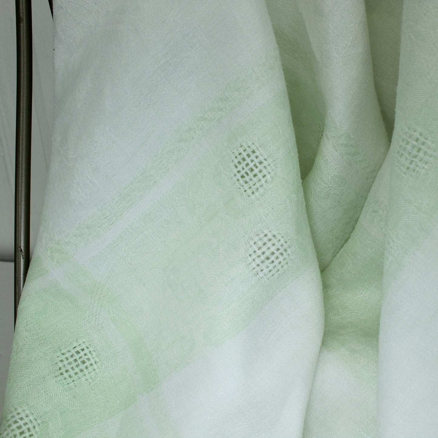 Lovely Older Small White Table Cloth Pale Green Borders Linen Openwork closeup of lovely detail