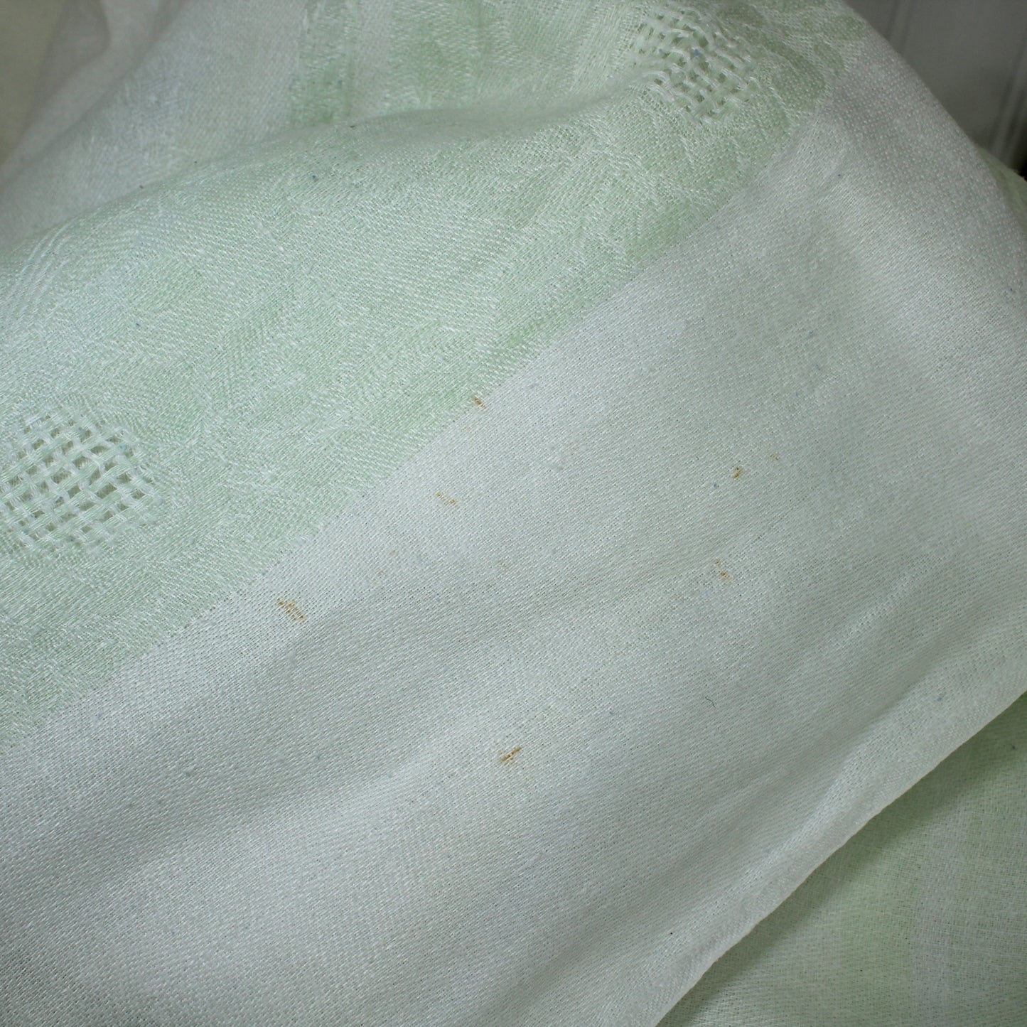 Lovely Older Small White Table Cloth Pale Green Borders Linen Openwork minor show wear