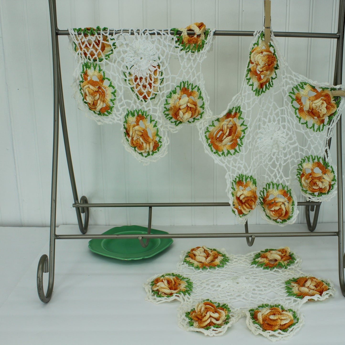 Collection Lot 3 Crochet Doilies 3D Raised Dimensional Flowers Orange Green on White