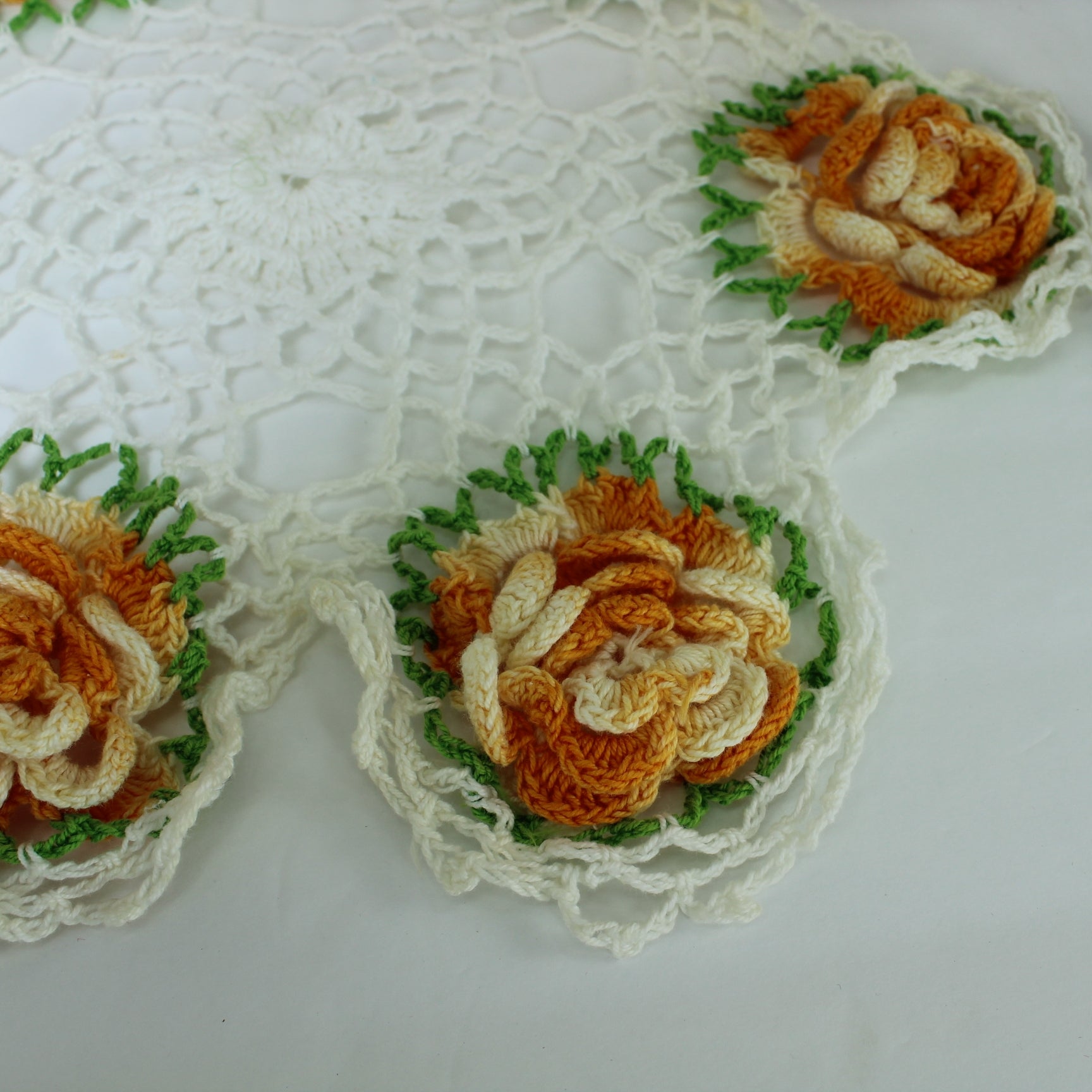Collection Lot 3 Crochet Doilies 3D Raised Dimensional Flowers Orange Green on White dimensional flowers form edges