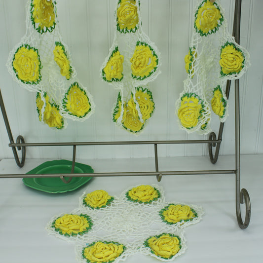 Collection Lot 4 Crochet Doilies 3D Raised Dimensional Flowers Yelllow on White