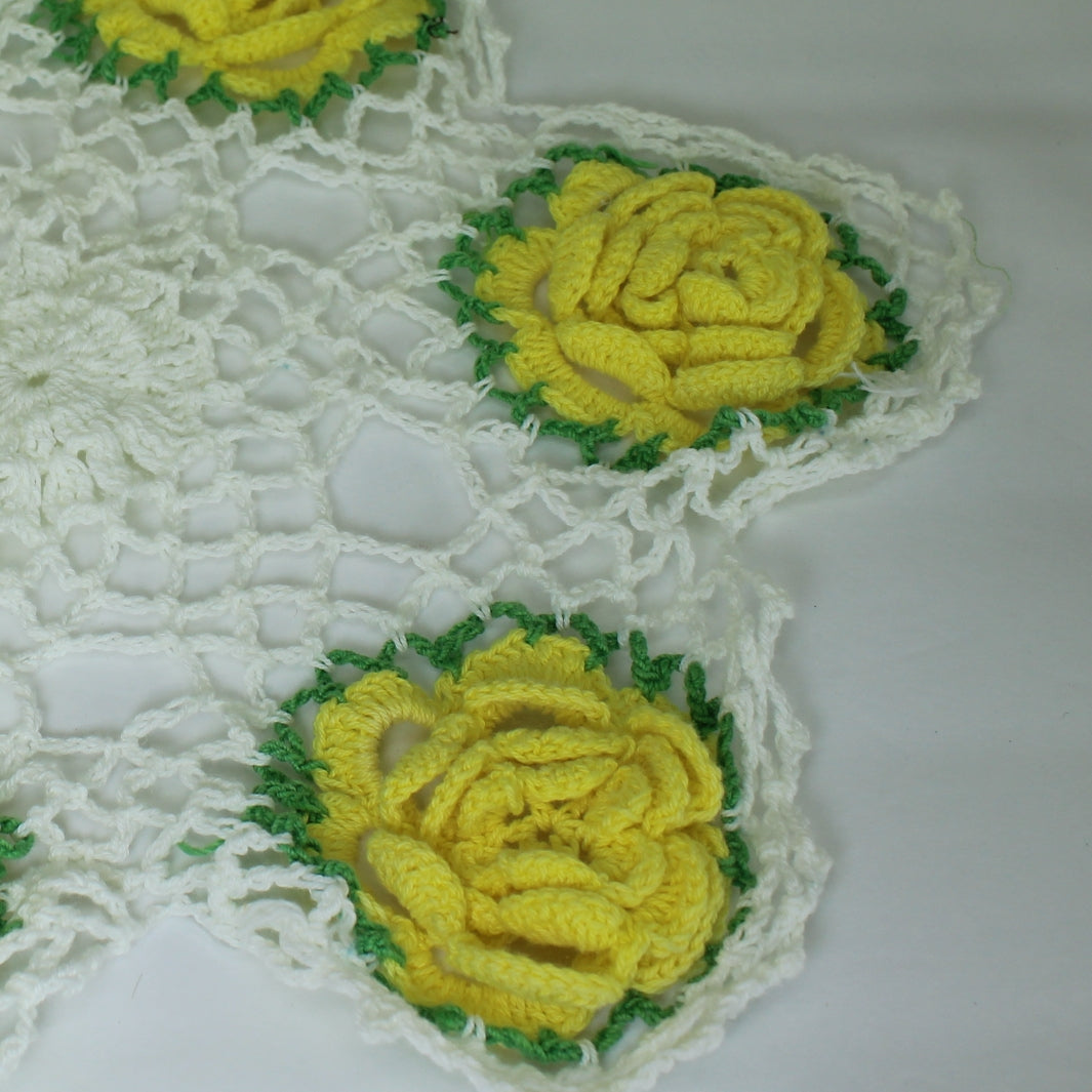 Collection Lot 3 Crochet Doilies 3D Raised Dimensional Flowers Yelllow on White collection 3 doilies closeup of dimensional flowers