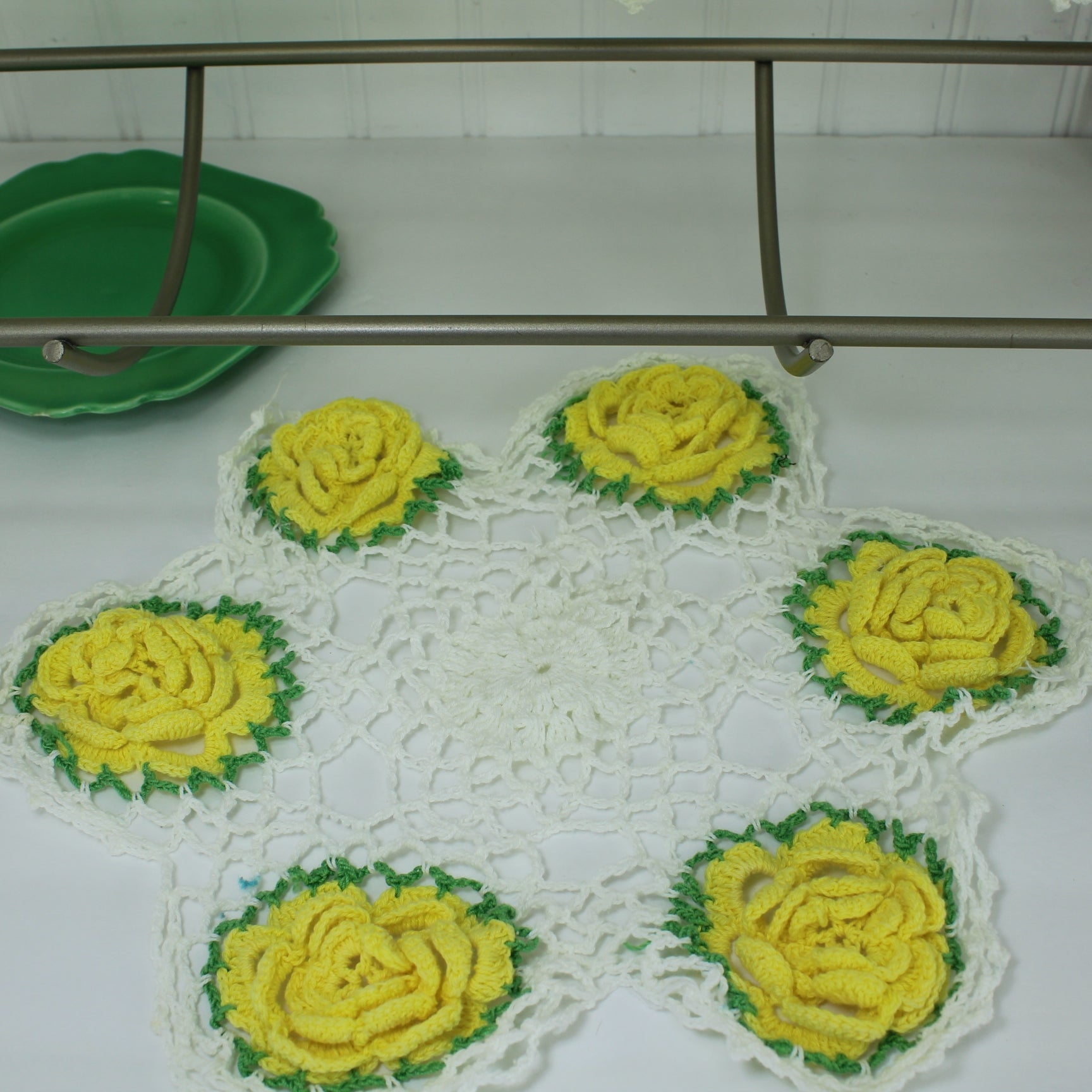 Collection Lot 3 Crochet Doilies 3D Raised Dimensional Flowers Yelllow on White closeup doily collection 3