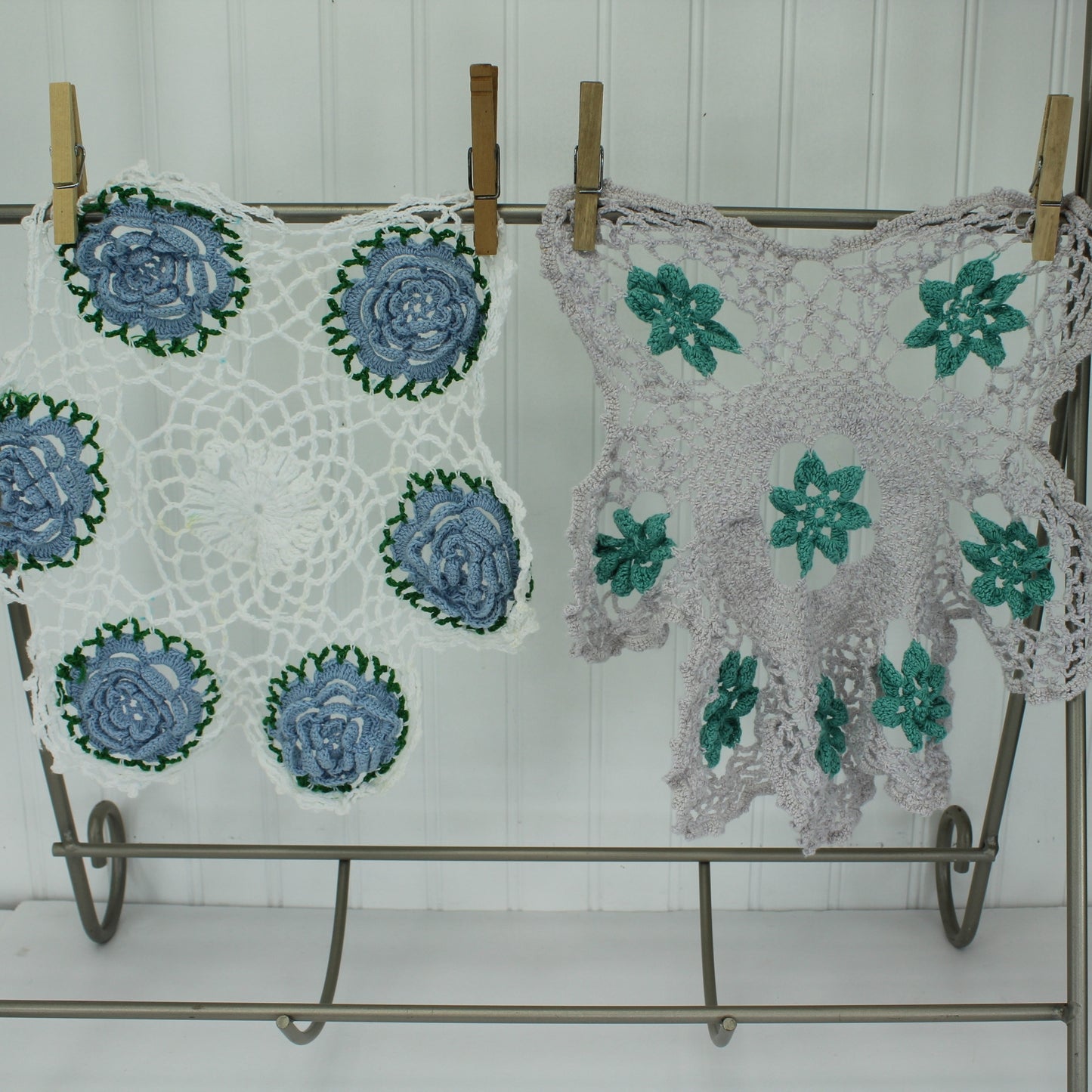 Pair Crochet Doilies  Raised Dimensional Flowers Grey Aqua and Blue on White