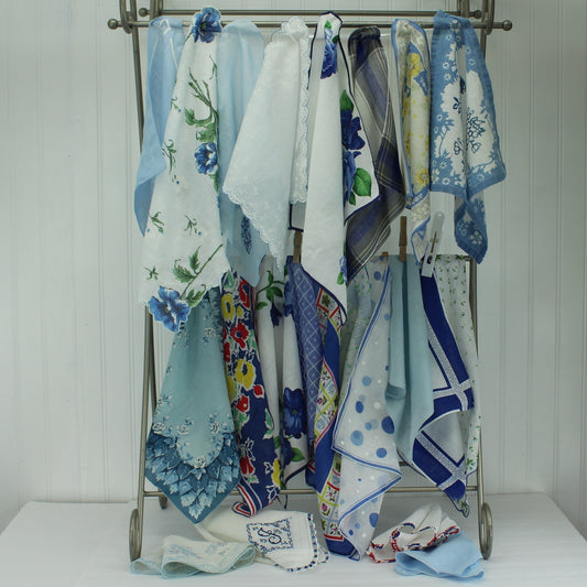 Lot 22 Handkerchiefs Blue Theme MCM Handkerchief Box DIY Clothing Crafts