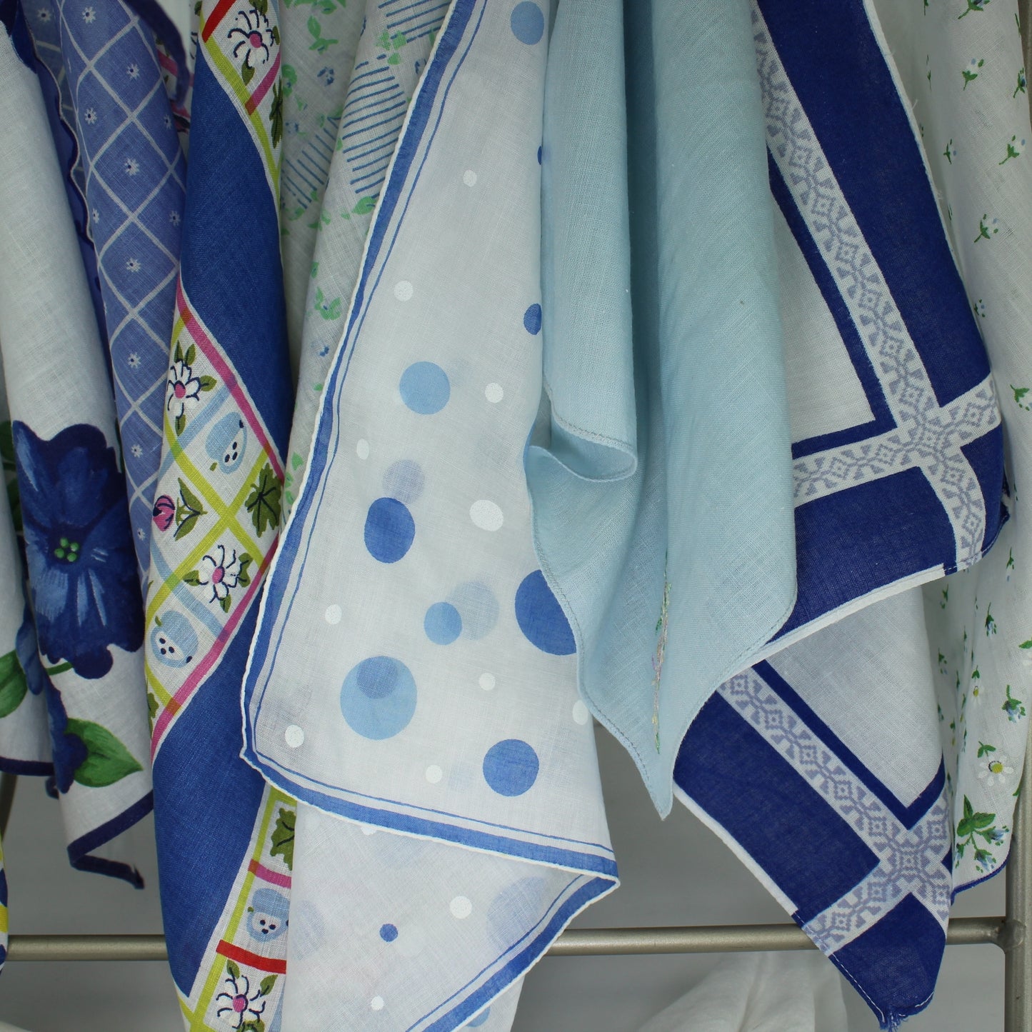 Lot 22 Handkerchiefs Blue Theme MCM Handkerchief Box DIY Clothing Crafts closeup of some handkerchiefs