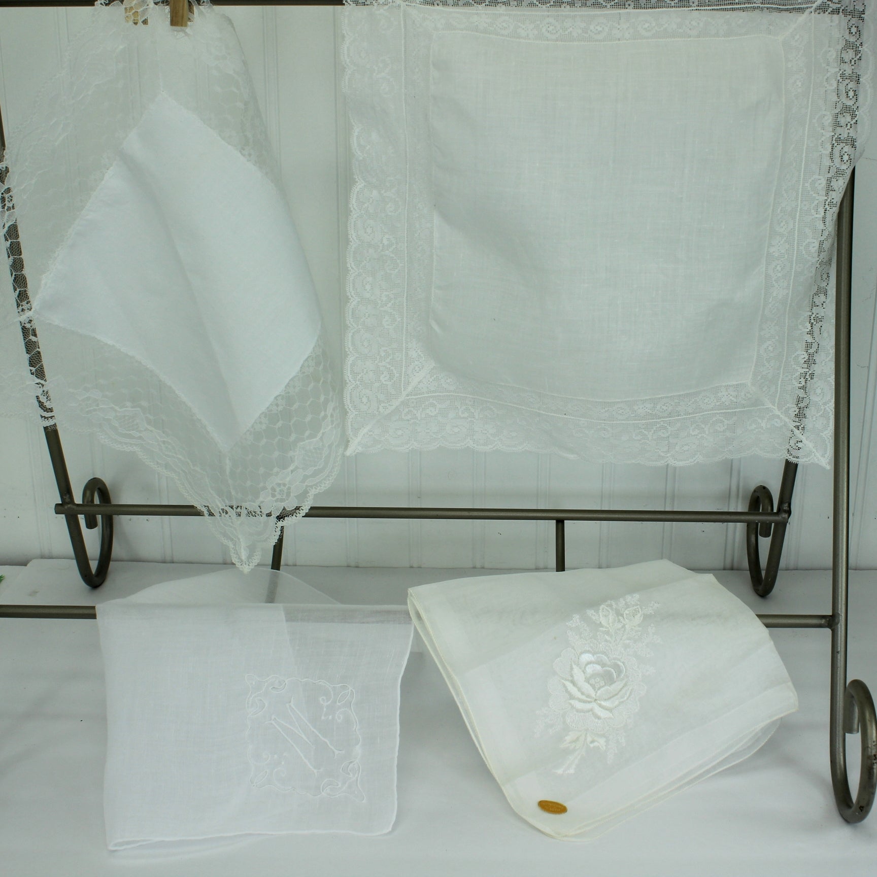 Collection 4 White Wedding Handkerchiefs Swiss Monogram Dbl Lace DIY Crafts