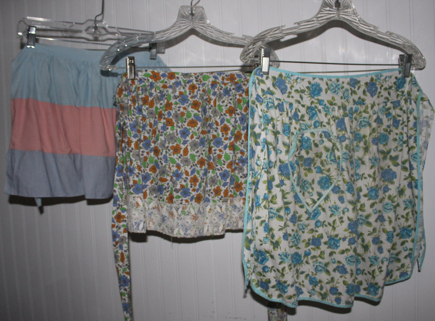 Kitchen Aprons 3 Vintage Mid Century Cotton Lace Trim Pocket Wear or Pattern